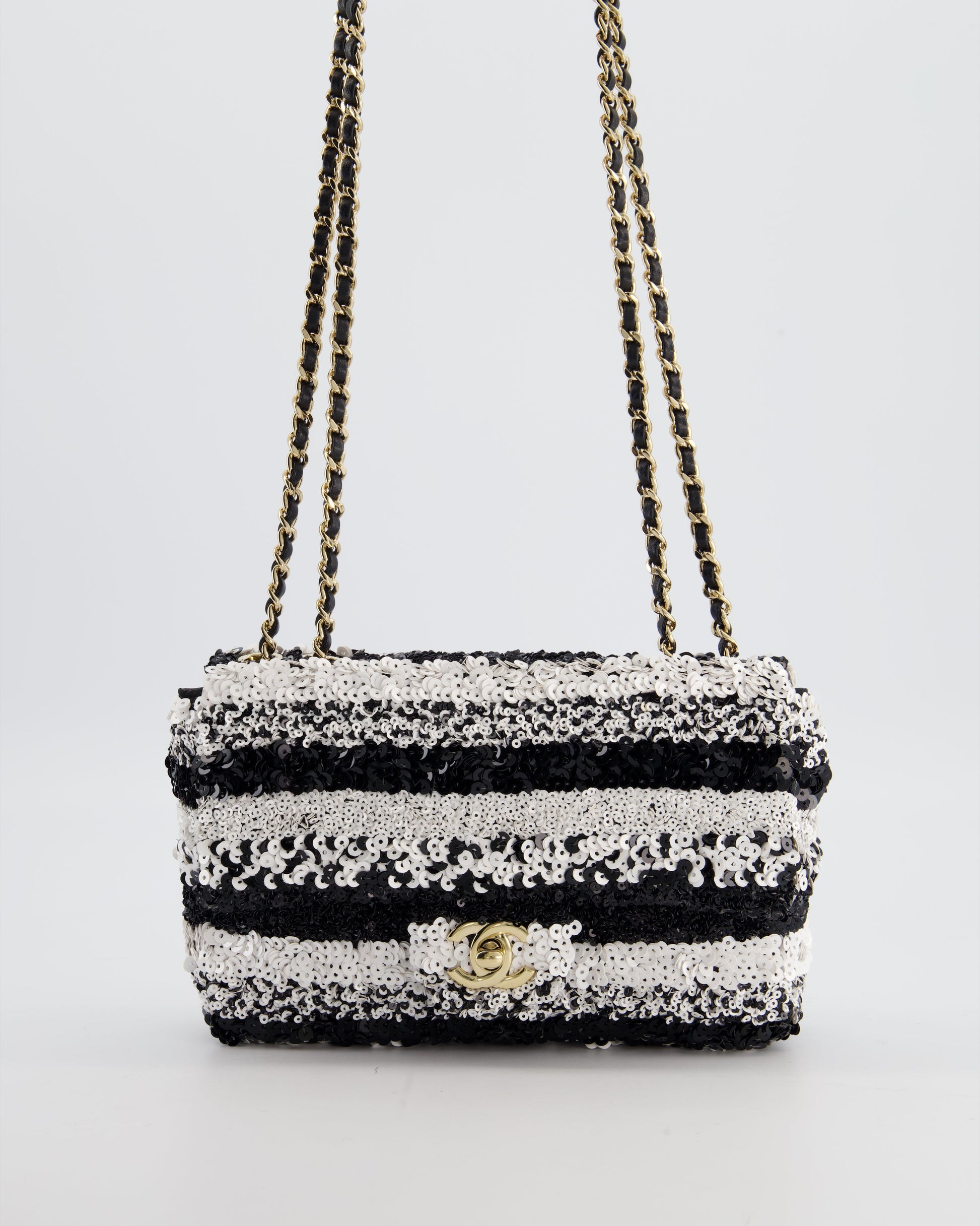 Chanel *hot* Black and White Stripe Sequin Coco Mark Single Flap Bag with Champagne Gold Hardware