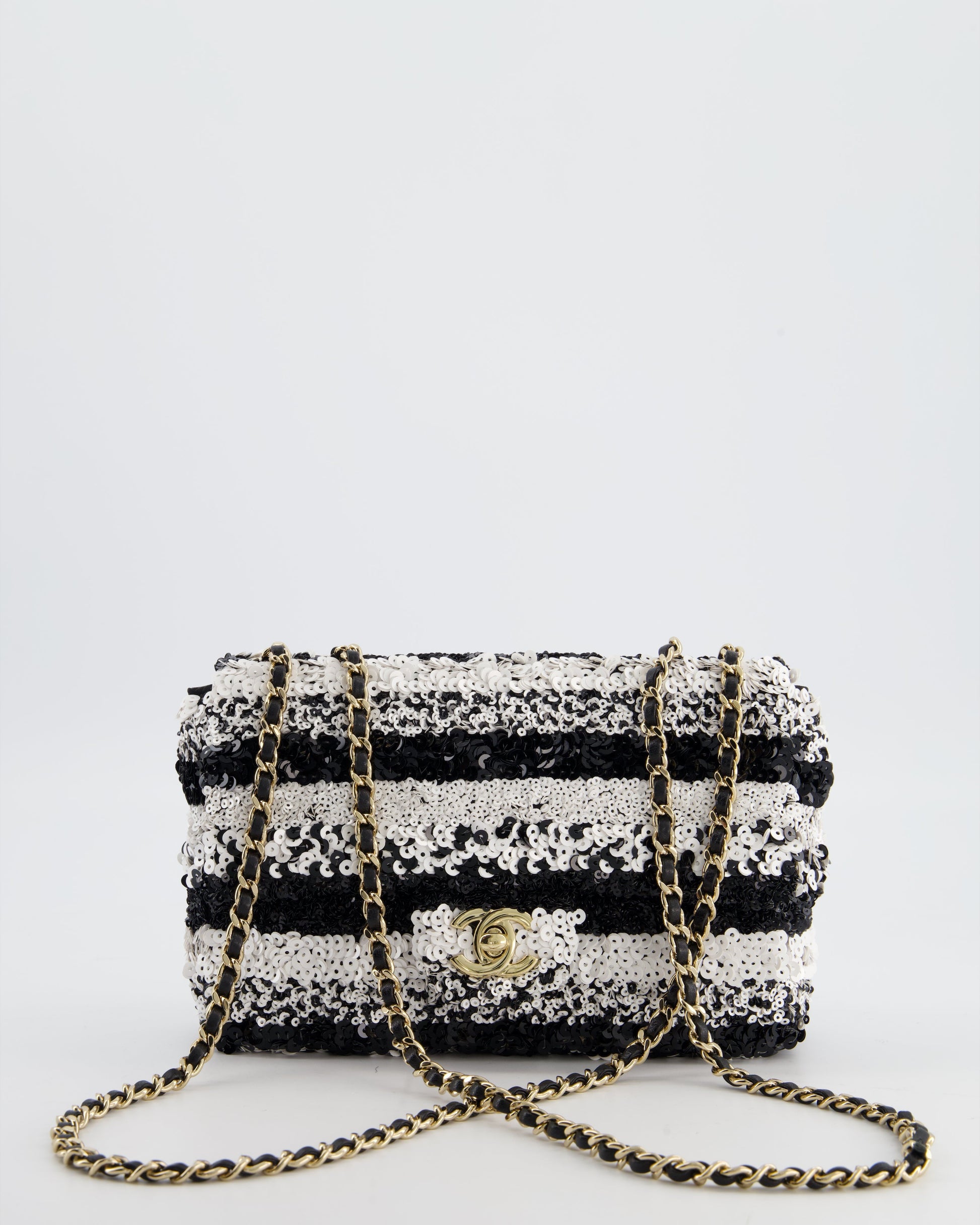 Chanel *hot* Black and White Stripe Sequin Coco Mark Single Flap Bag with Champagne Gold Hardware