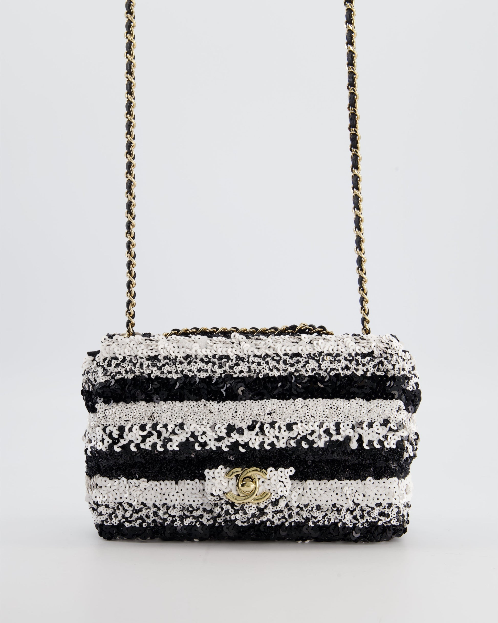 Chanel *Hot* Black And White Stripe Sequin Coco Mark Single Flap Bag With Champagne Gold Hardware