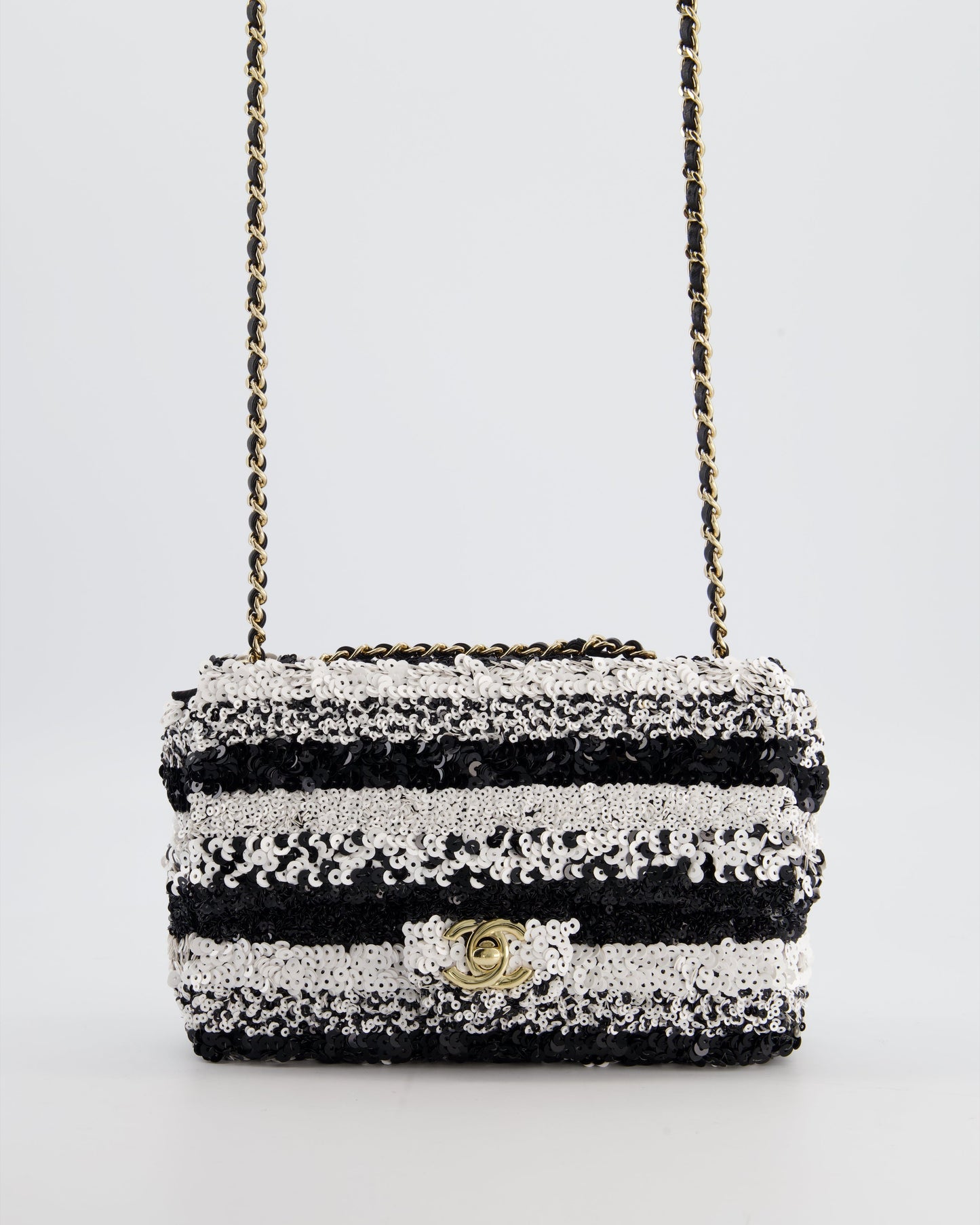 Chanel *hot* Black and White Stripe Sequin Coco Mark Single Flap Bag with Champagne Gold Hardware