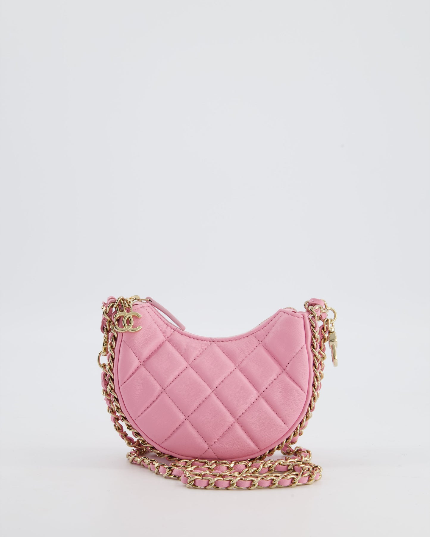 Chanel Bright Pink Small Half Moon Hobo Bag With Champagne Gold Chain All Around Detail