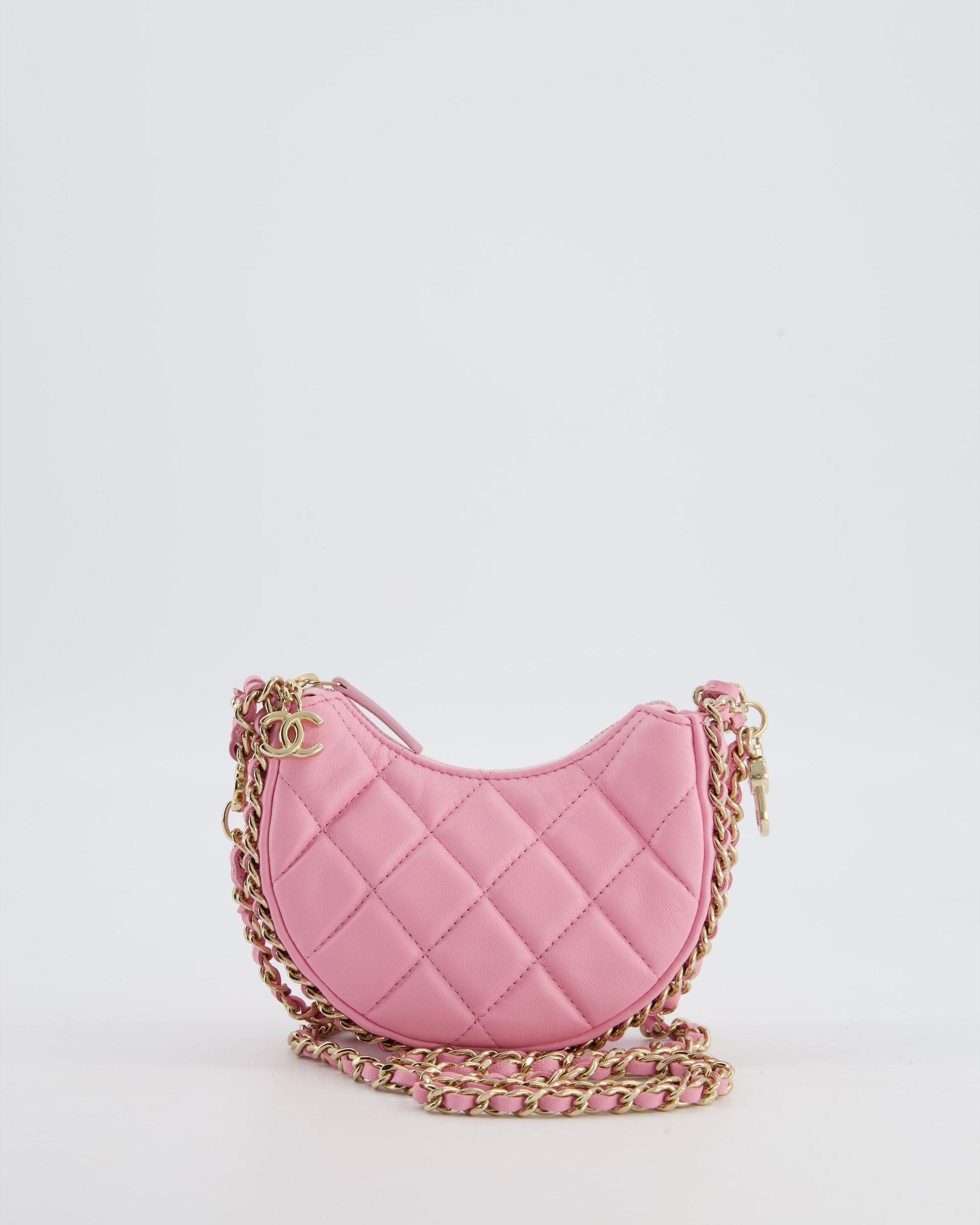 Chanel Bright Pink Small Half Moon Hobo Bag With Champagne Gold Chain All Around Detail