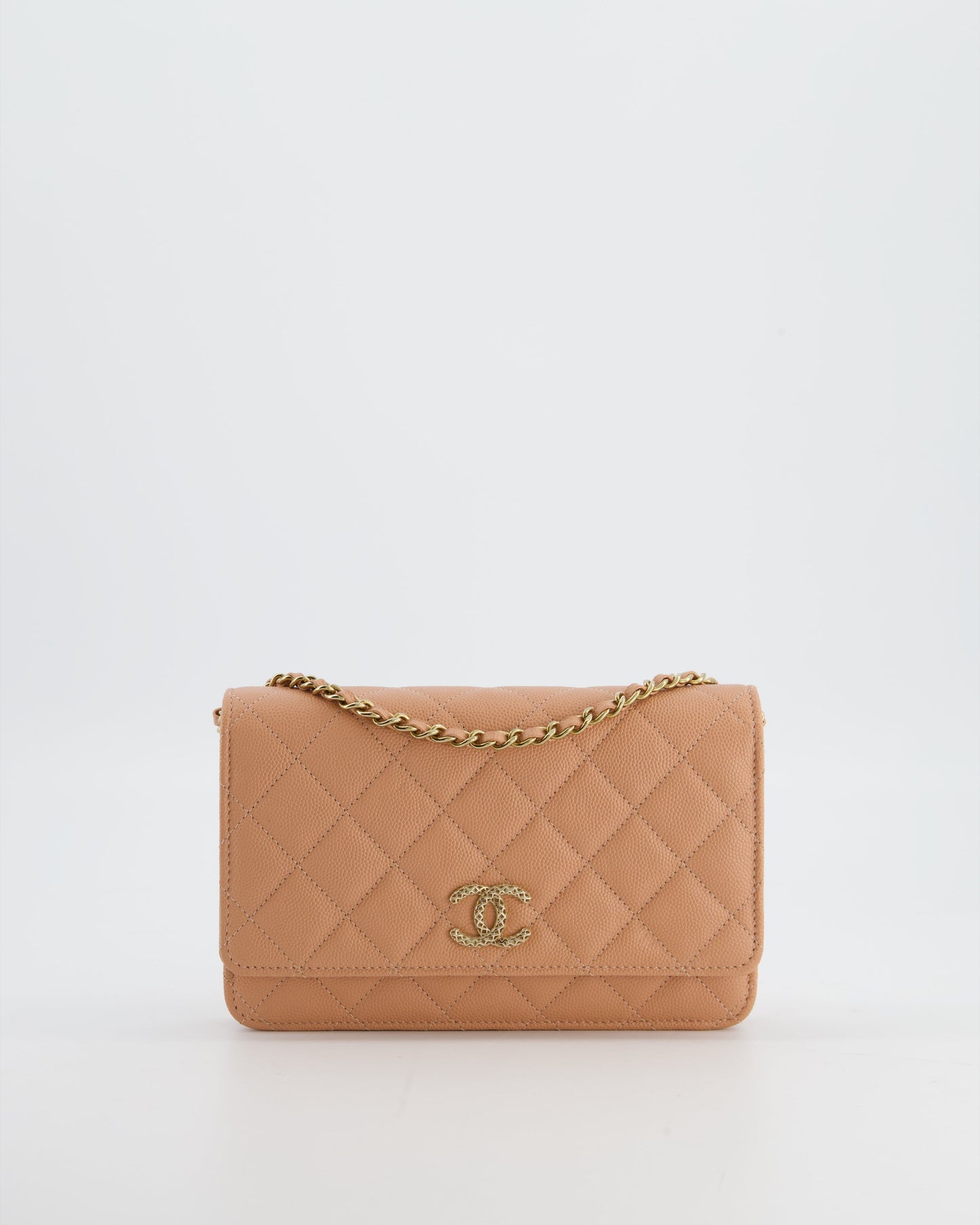 Chanel Peach Wallet On Chain Bag In Caviar Leather With Champagne Gold Hardware And Cage Detail Logo