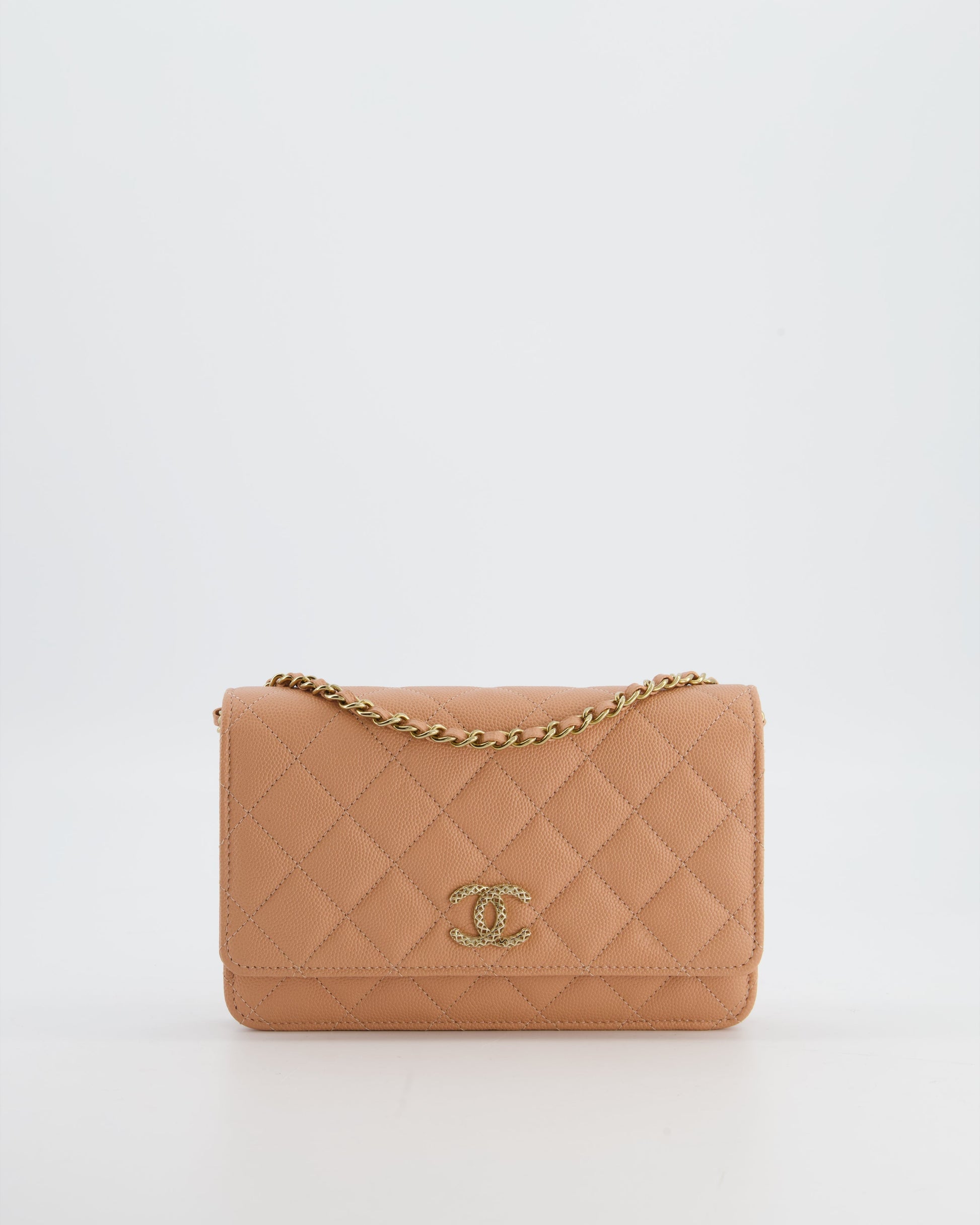 Chanel Peach Wallet On Chain Bag In Caviar Leather With Champagne Gold Hardware And Cage Detail Logo