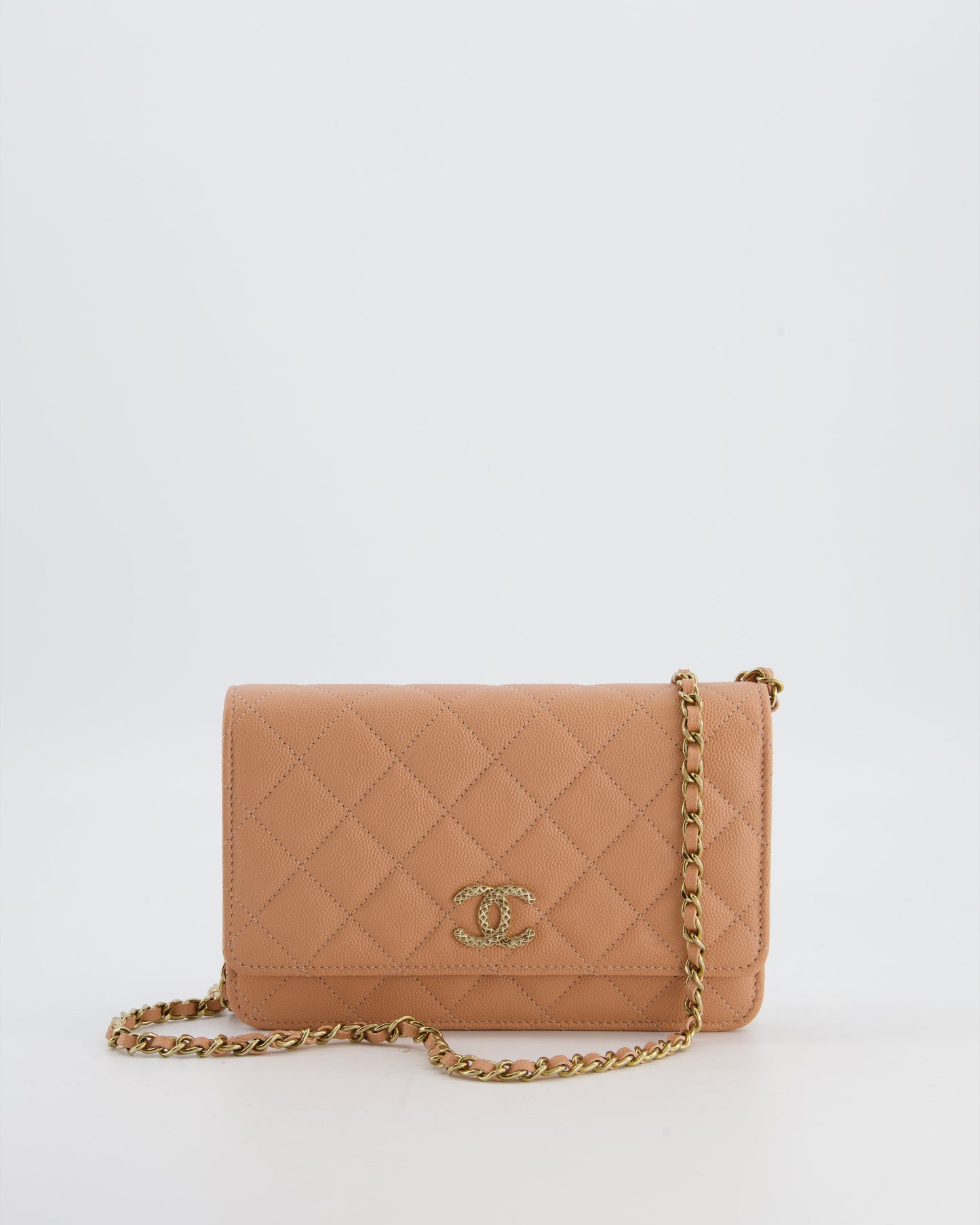 Chanel Peach Wallet On Chain Bag In Caviar Leather With Champagne Gold Hardware And Cage Detail Logo