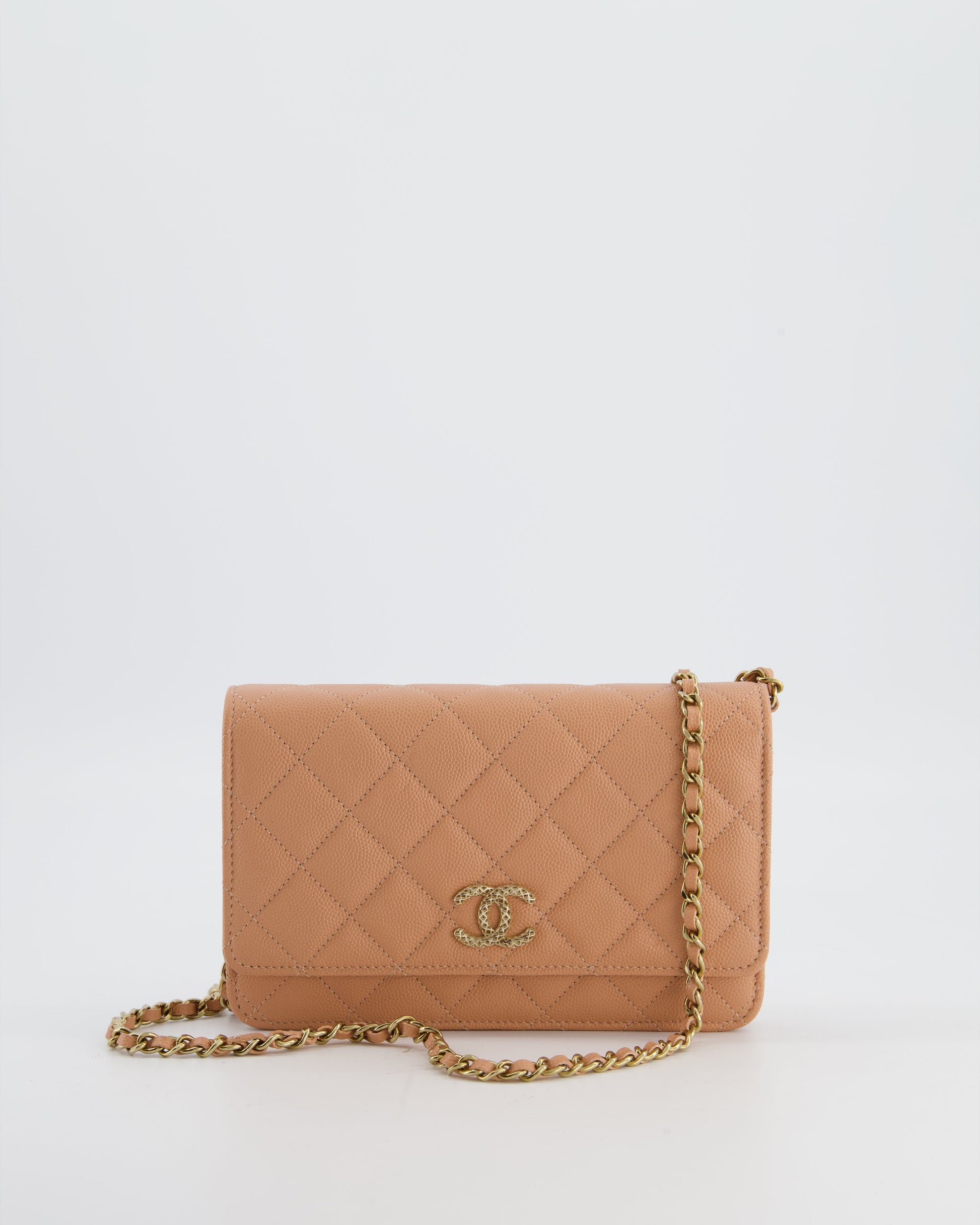 Chanel Peach Wallet On Chain Bag In Caviar Leather With Champagne Gold Hardware And Cage Detail Logo