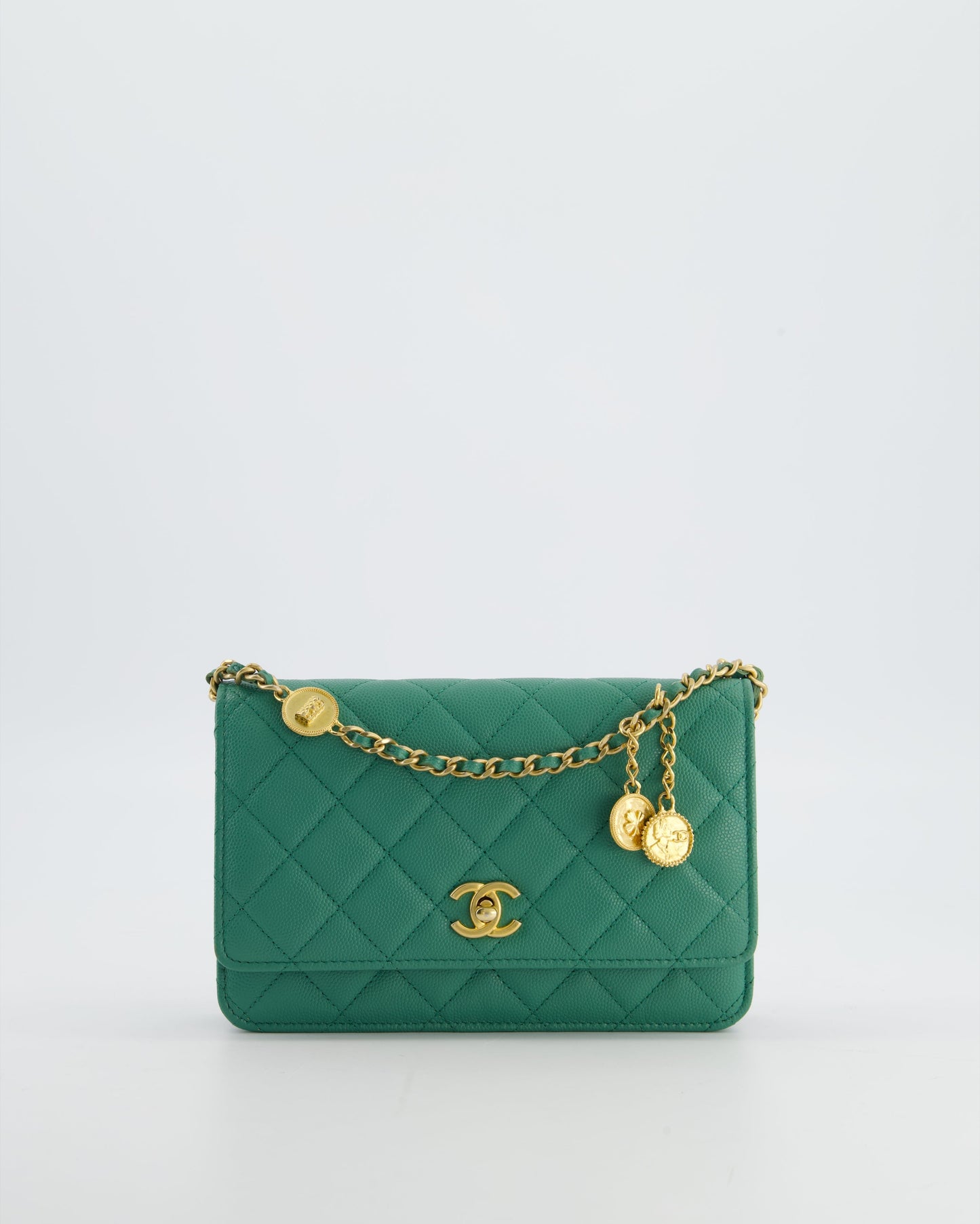 Chanel Teal Wallet On Chain Bag In Caviar Leather With Brushed Gold Hardware And Medallion Chain