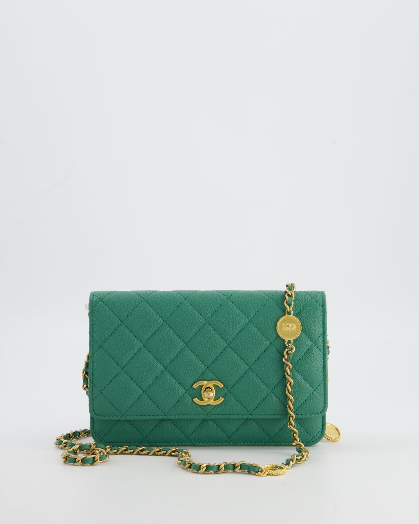 Chanel Teal Wallet On Chain Bag In Caviar Leather With Brushed Gold Hardware And Medallion Chain