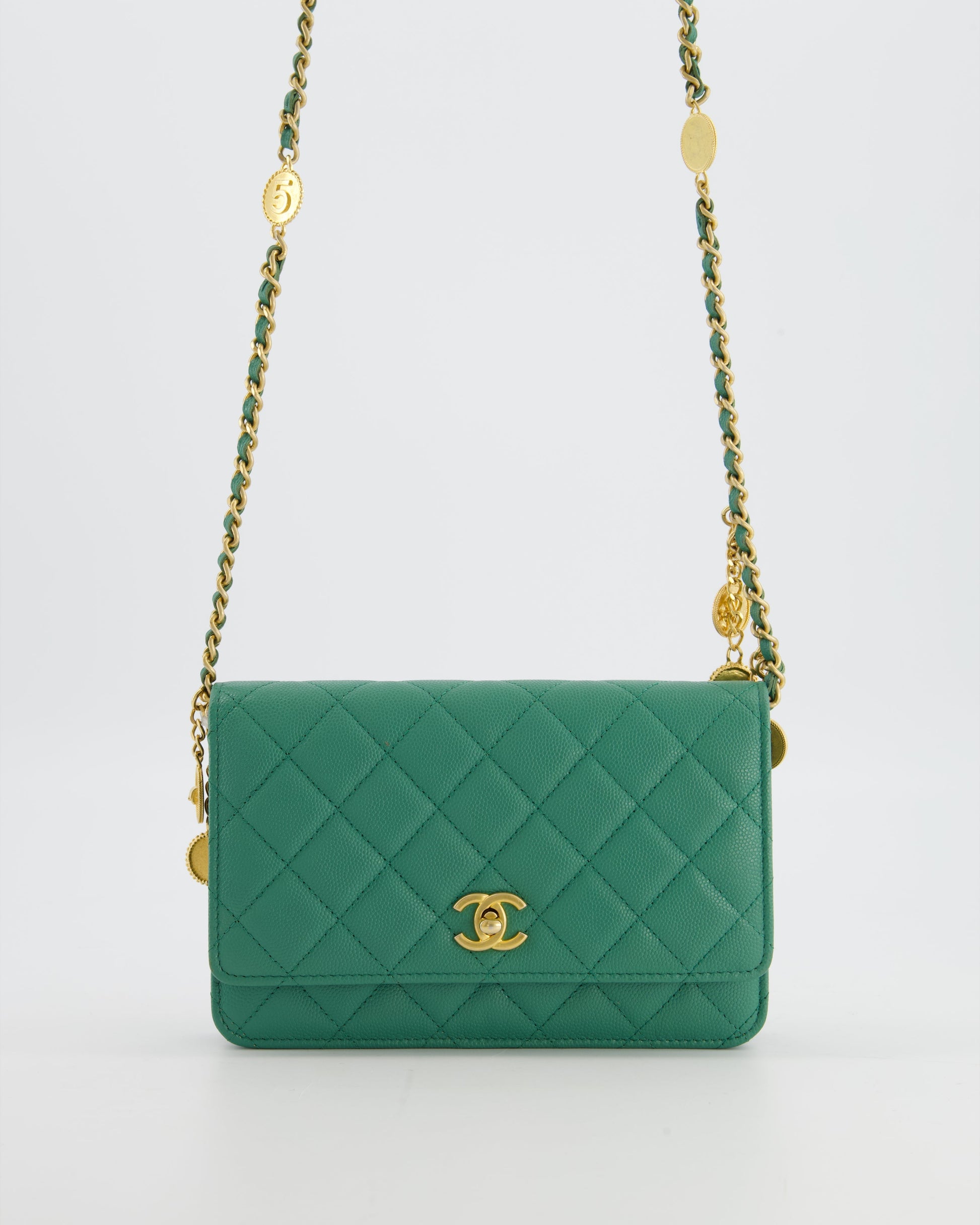Chanel Teal Wallet On Chain Bag In Caviar Leather With Brushed Gold Hardware And Medallion Chain
