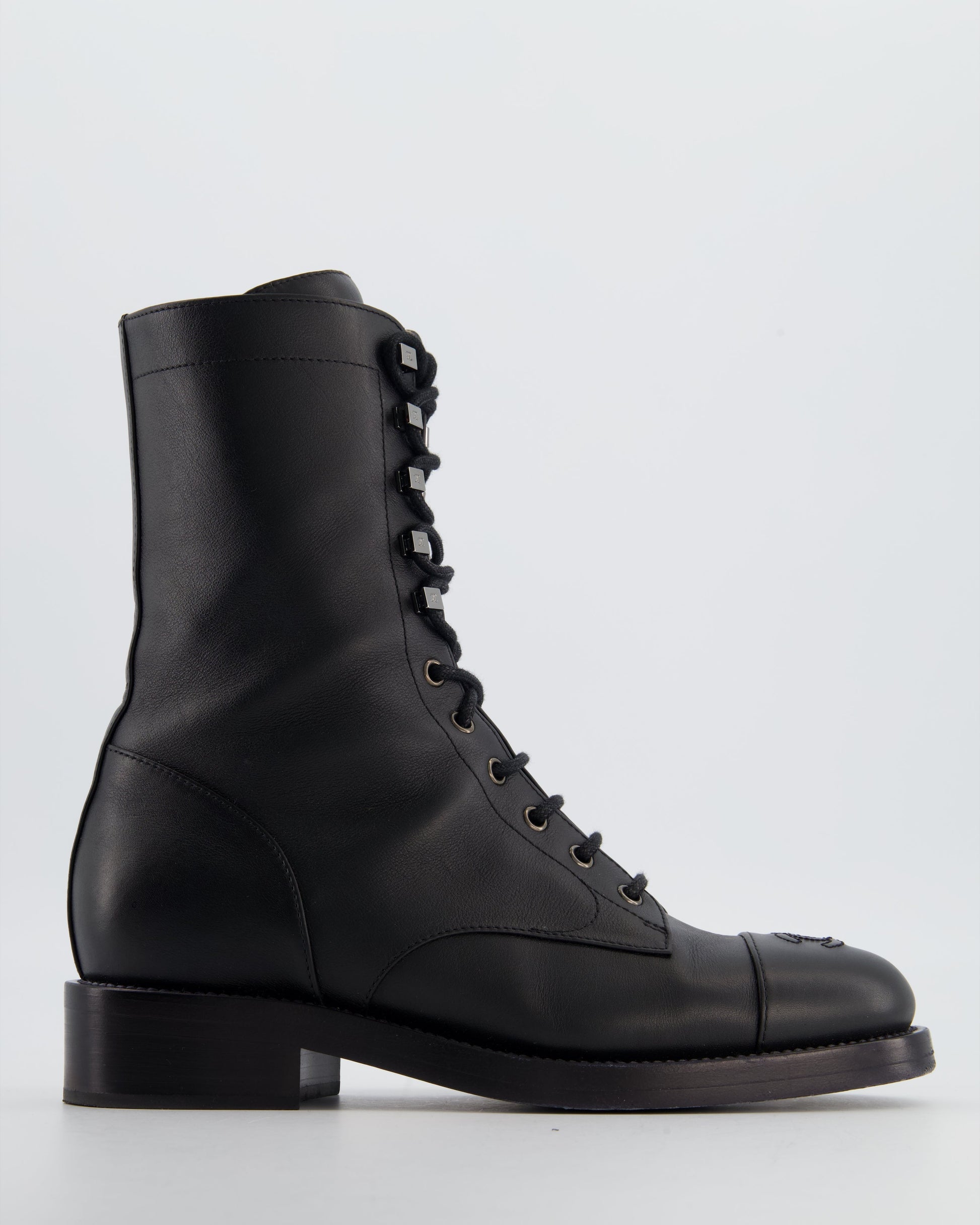 Chanel Black Lace Up CC Military Boots Size Eu 39.5C for Women