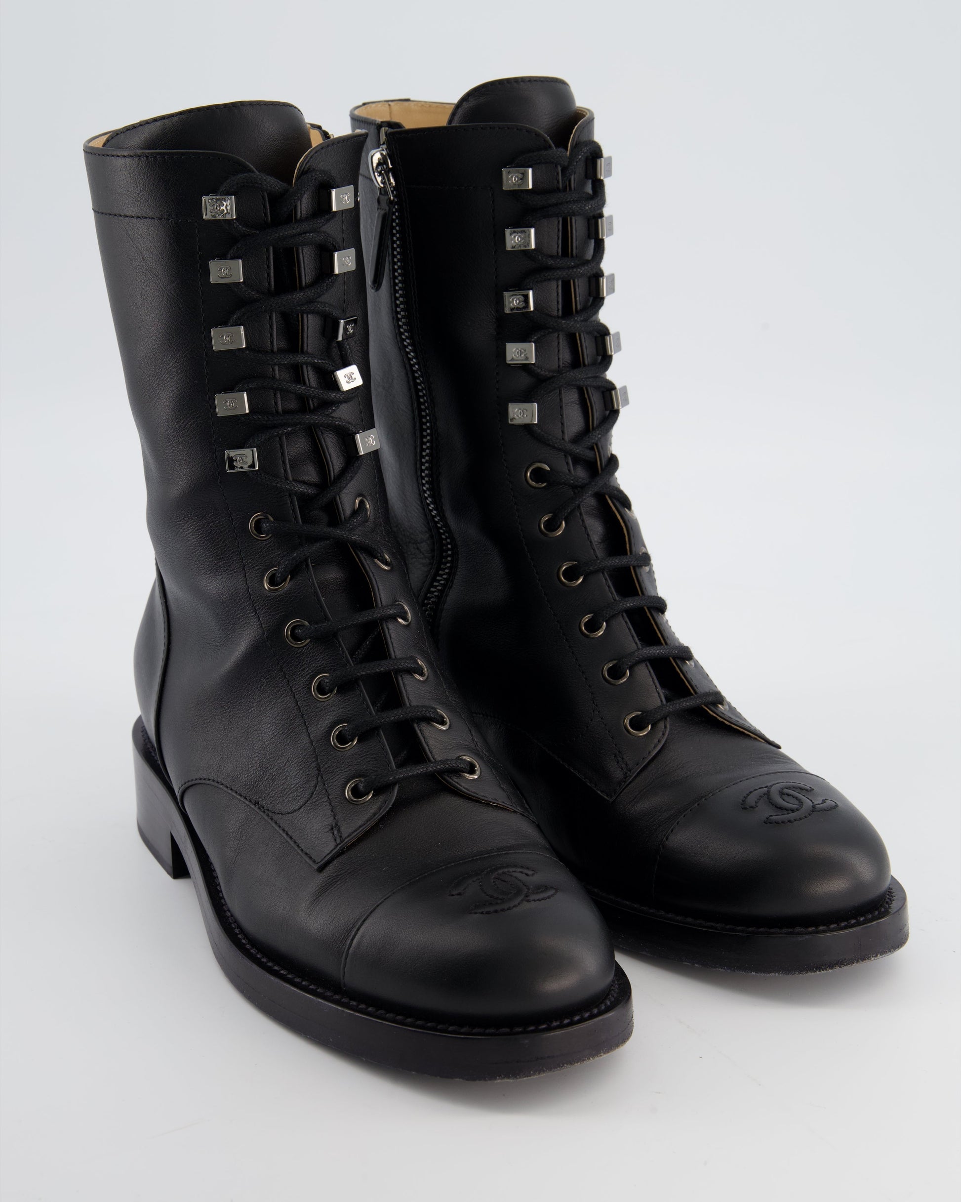 Chanel Black Lace Up CC Military Boots Size Eu 39.5C for Women