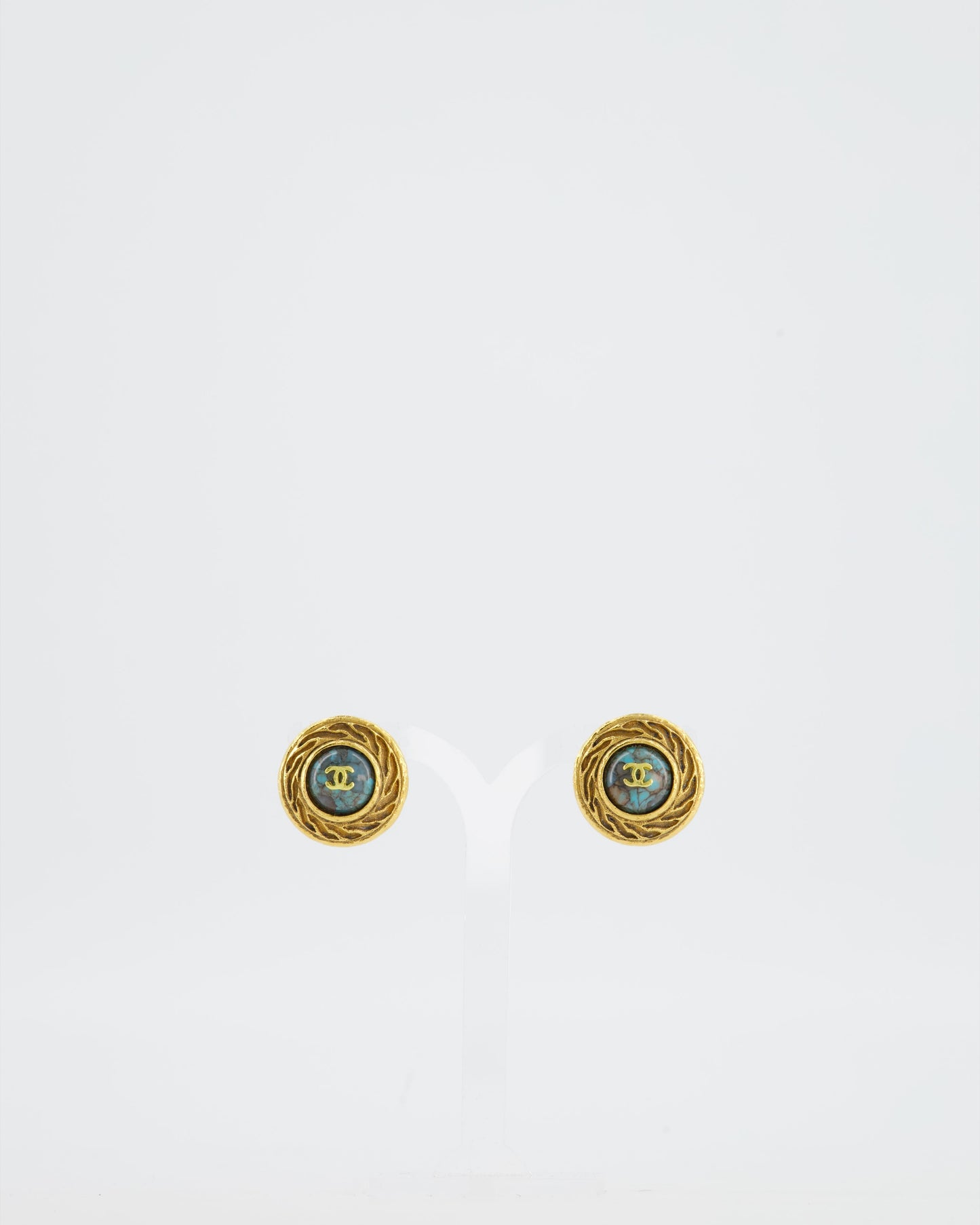 Chanel   Gold and Turquoise Round Clip On Earrings with CC Logo Detail