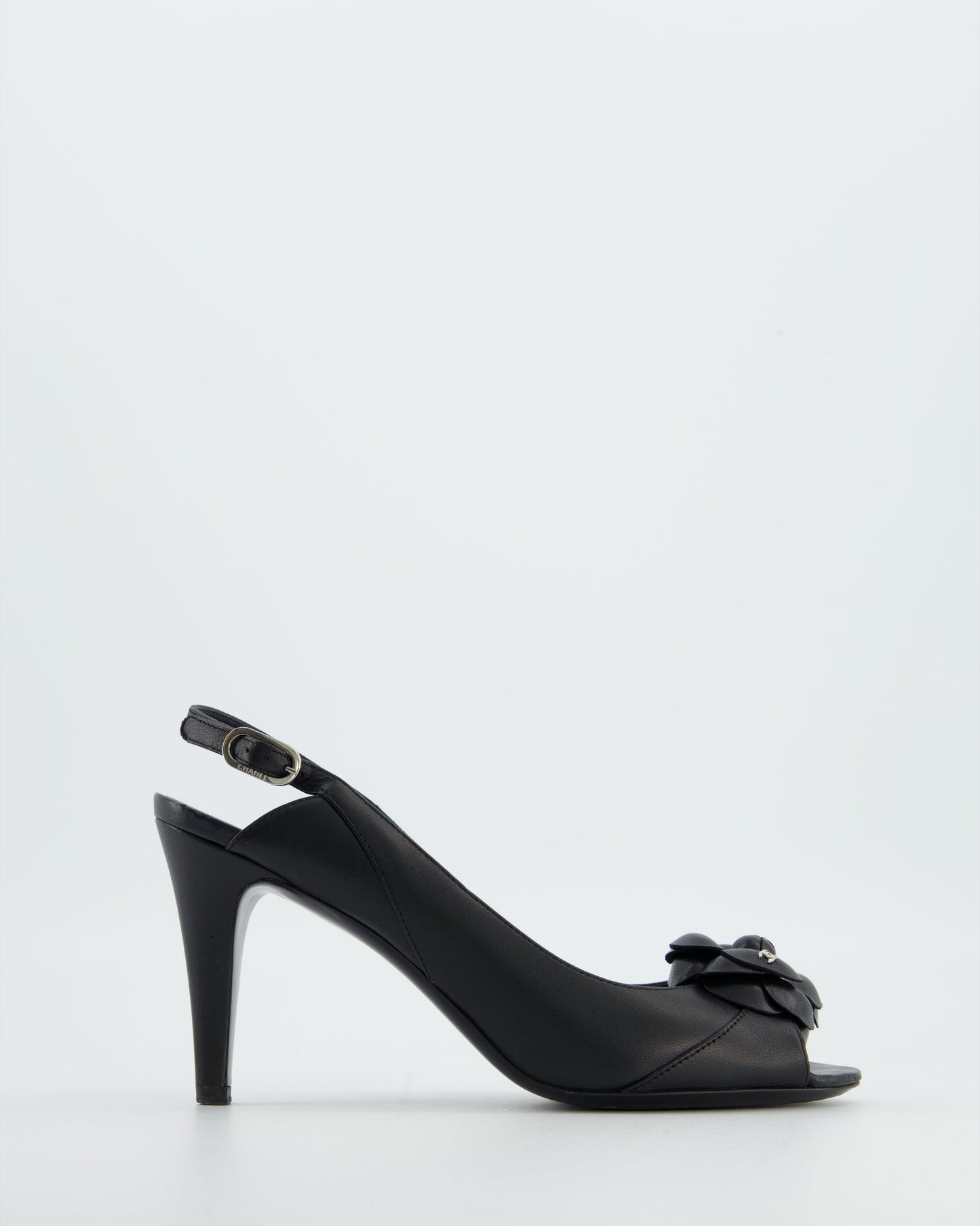 Chanel Black Camelia Leather Heeled Slingback with Open Toe Detail Size EU 37.5