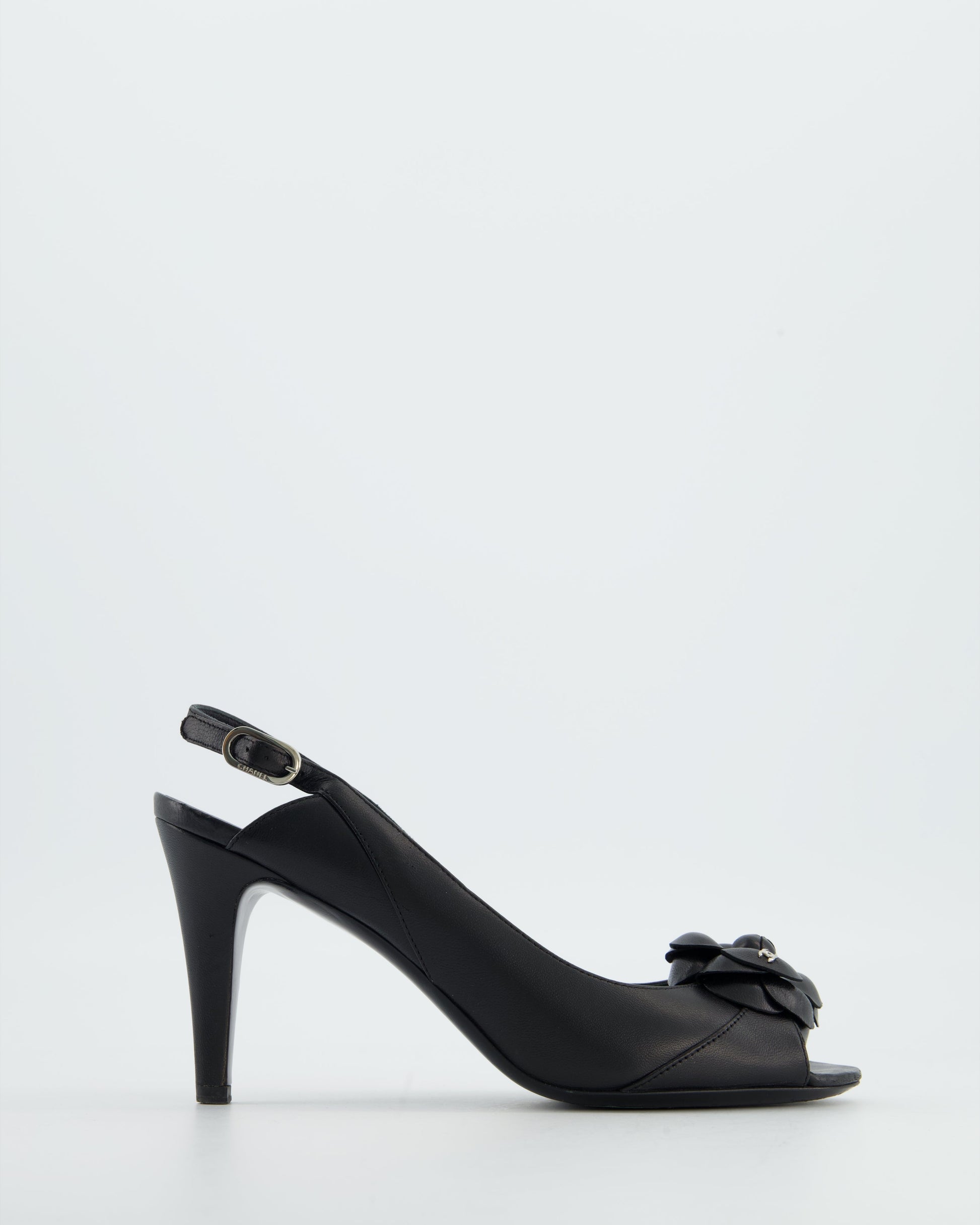 Chanel Black Camelia Leather Heeled Slingback with Open Toe Detail Size Eu 37.5 for Women Women's Shoes