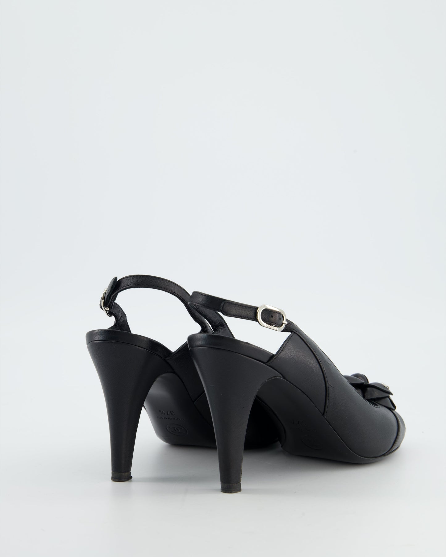 Chanel Black Camelia Leather Heeled Slingback with Open Toe Detail Size Eu 37.5 for Women Women's Shoes