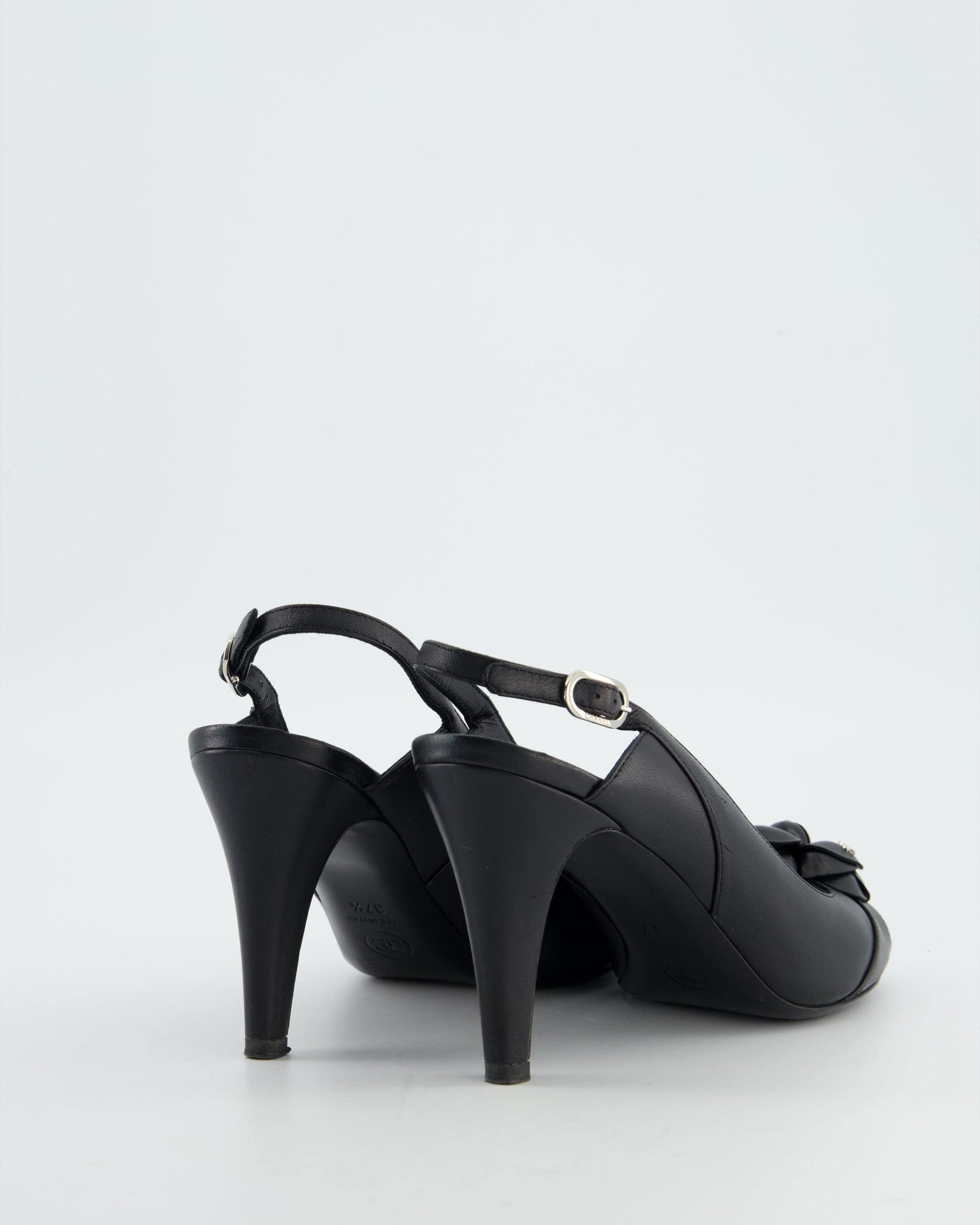 Chanel Black Camelia Leather Heeled Slingback with Open Toe Detail Size Eu 37.5 for Women Women's Shoes