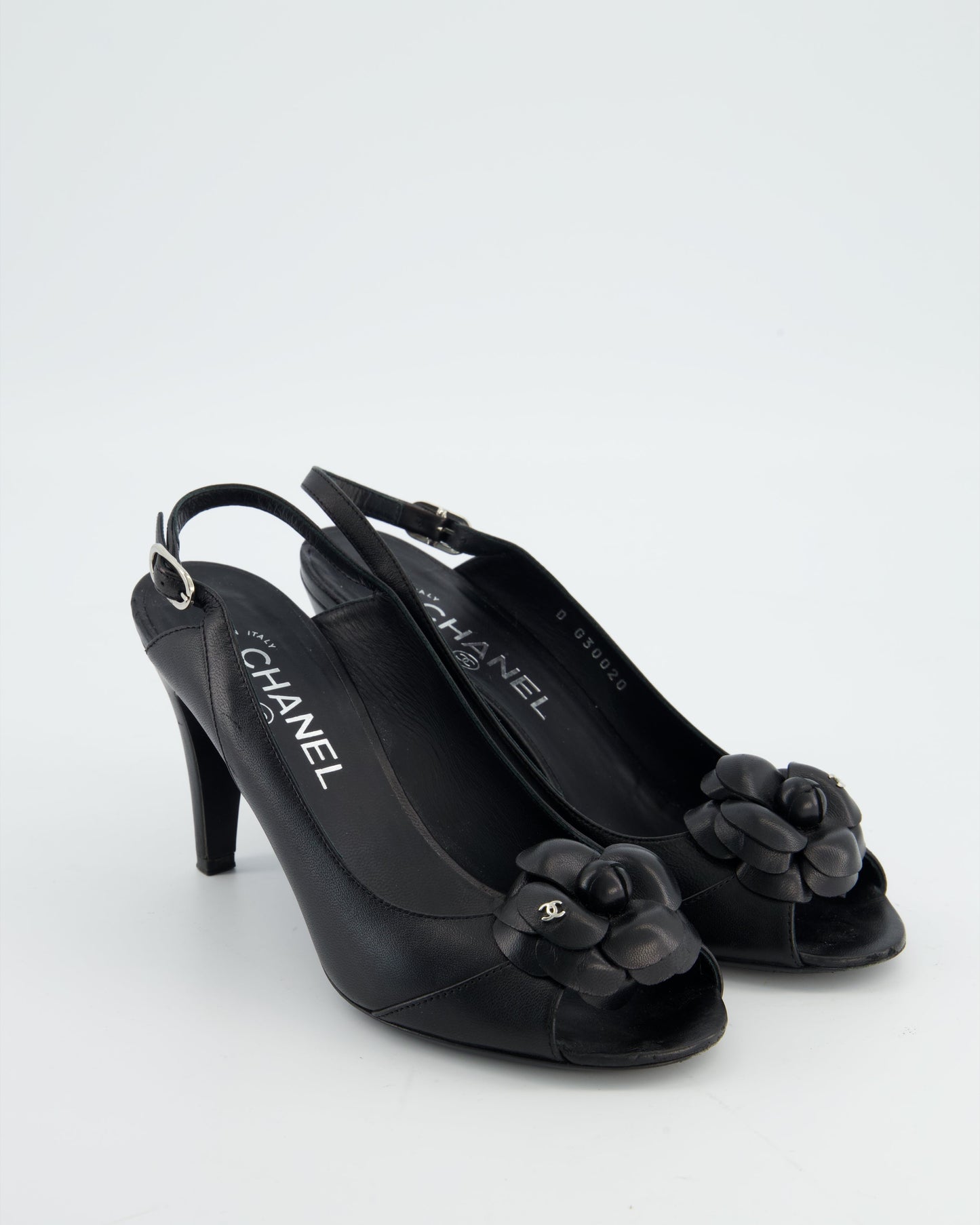 Chanel Black Camelia Leather Heeled Slingback with Open Toe Detail Size Eu 37.5 for Women Women's Shoes