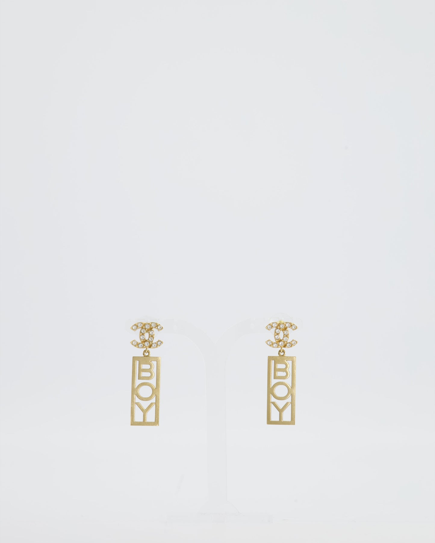 Chanel 22P Gold Crystal CC Earrings Drop BOY Pendant