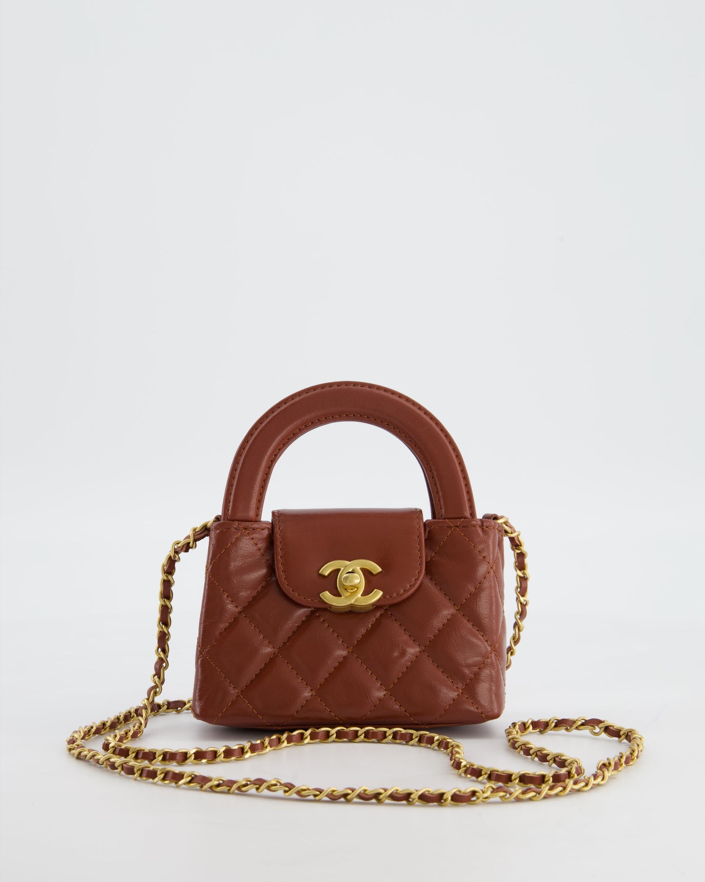 Chanel Brown Nano Mini Kelly Shopping Bag In Aged Calfskin Leather With Brushed Antique Gold Hardware