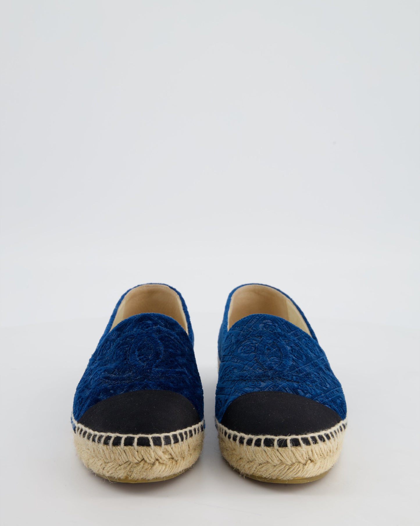 Chanel Blue Velvet Rose Print Espadrilles with CC Logo Size EU 37