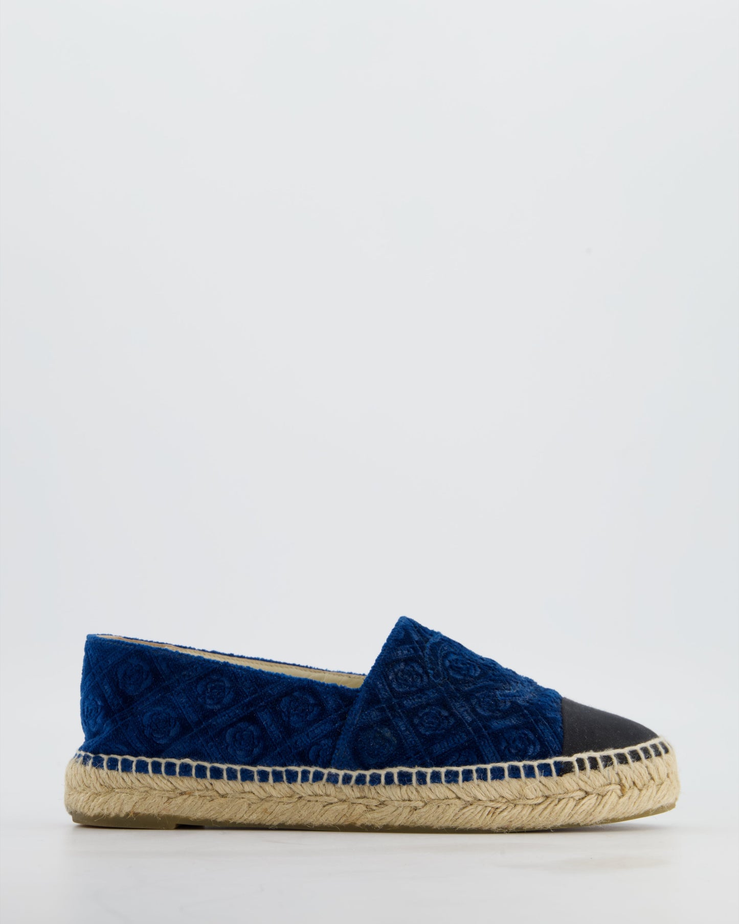 Chanel Blue Velvet Rose Print Espadrilles with CC Logo Size Eu 37 Women Shoes