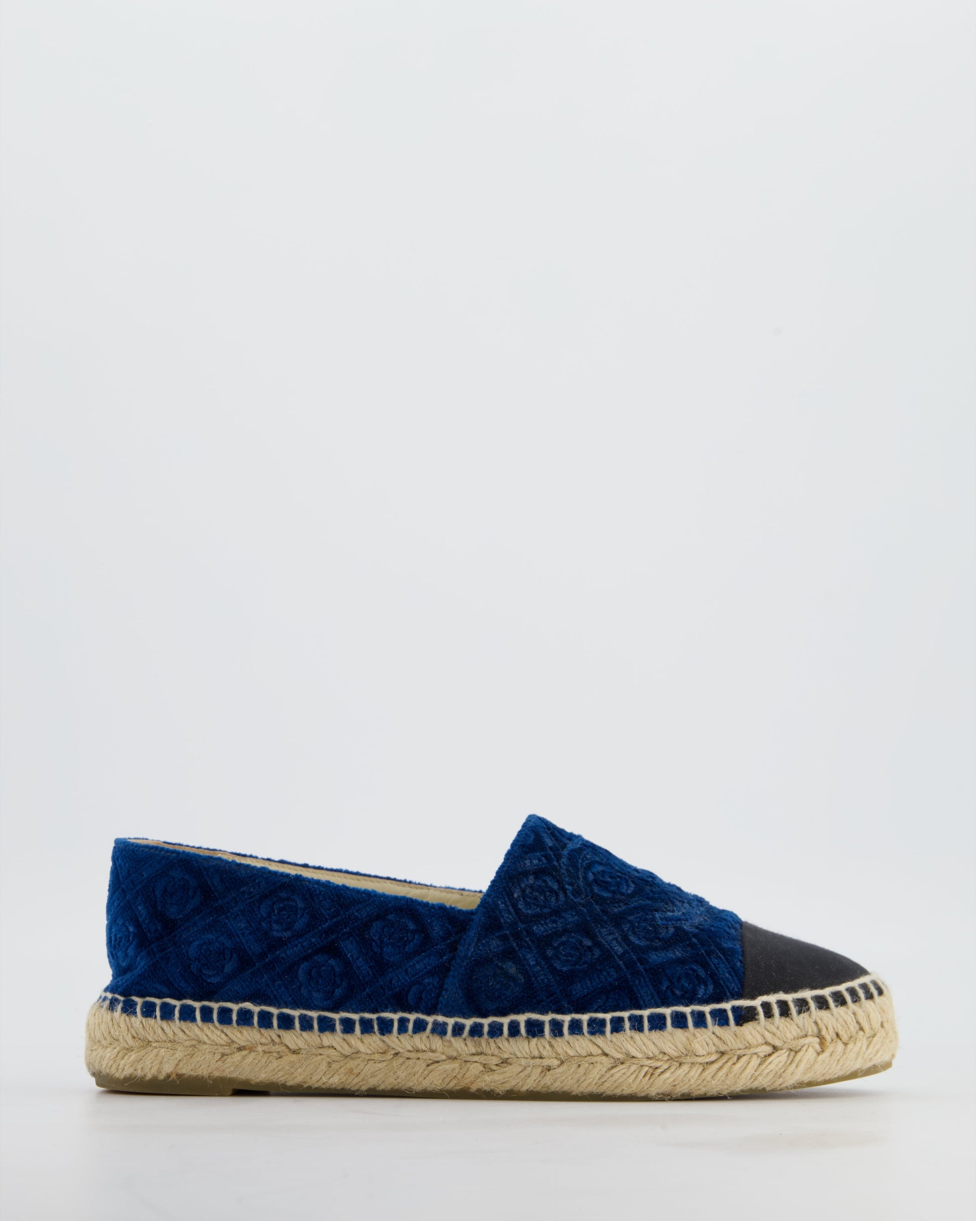 Chanel Blue Velvet Rose Print Espadrilles with CC Logo Size Eu 37 Women Shoes