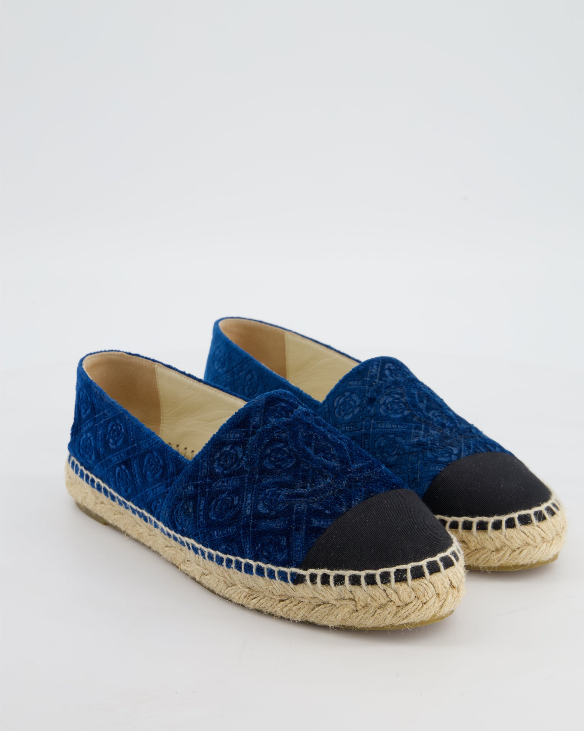 Chanel Blue Velvet Rose Print Espadrilles with CC Logo Size Eu 37 Women Shoes