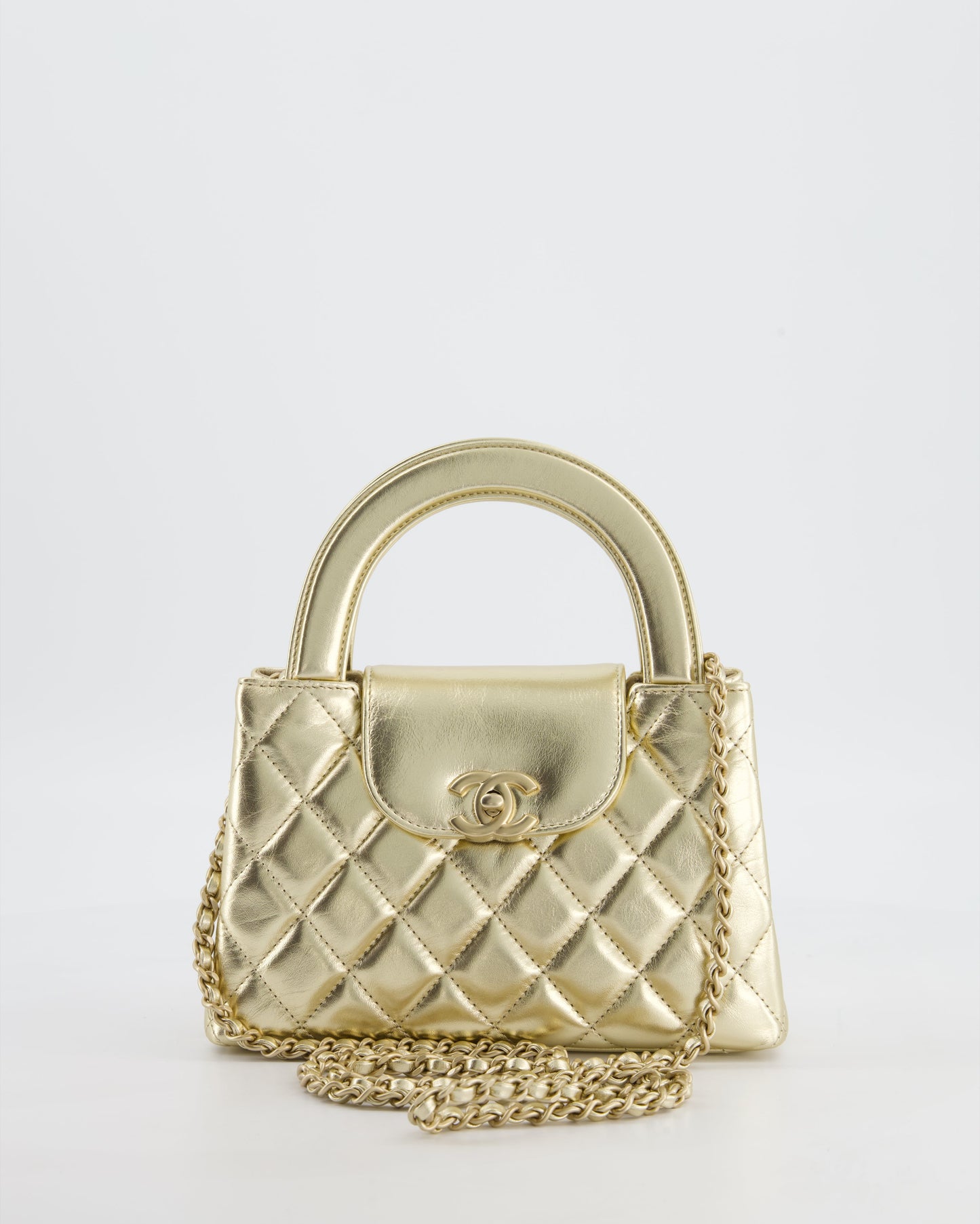 Chanel *Hot* Gold Small Mini Kelly Shopping Bag In Shiny Metallic Calfskin Leather With Metallic Gold Hardware