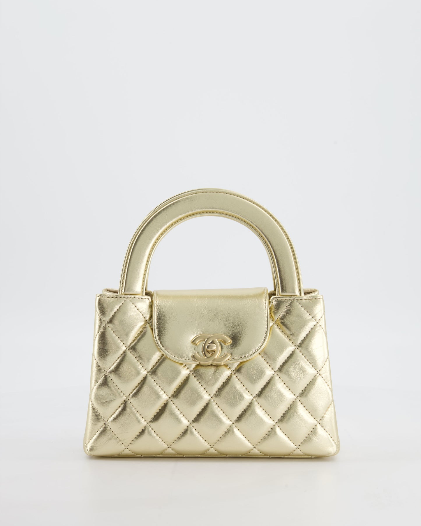 Chanel *Hot* Gold Small Mini Kelly Shopping Bag In Shiny Metallic Calfskin Leather With Metallic Gold Hardware