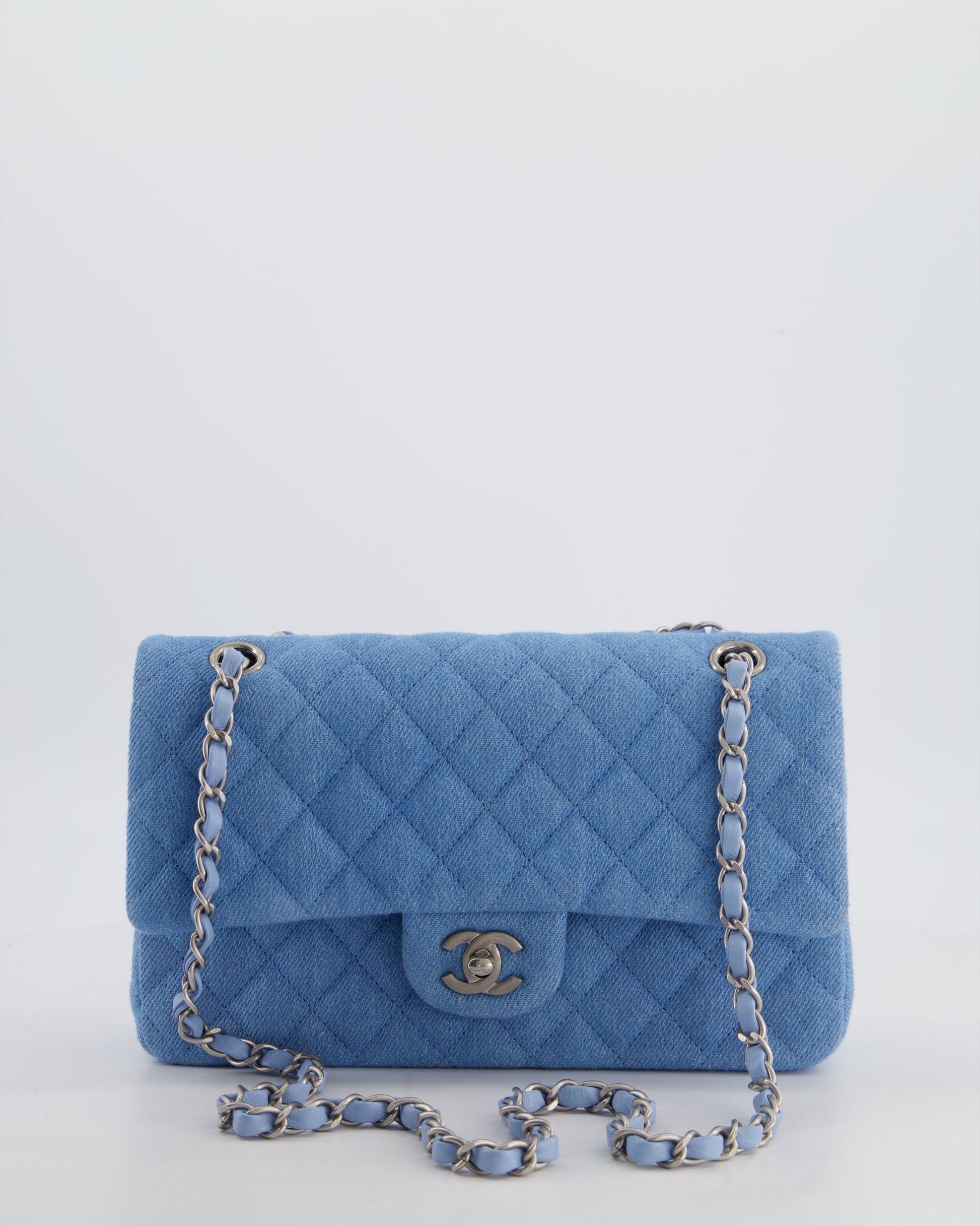 Chanel 25C Medium Double Flap Bag In Light Blue Denim With Brushed Silver Hardware
