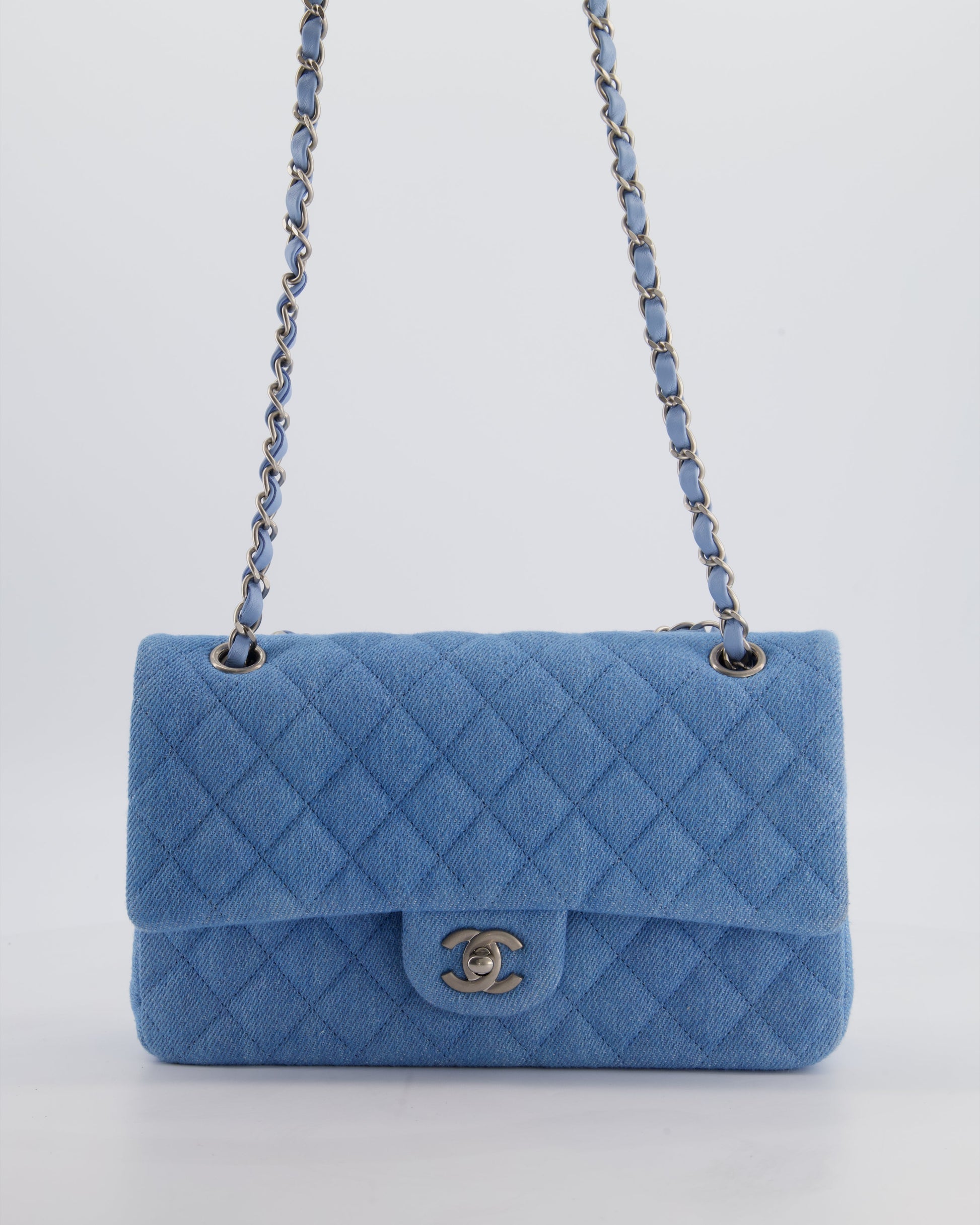 Chanel 25C Medium Double Flap Bag In Light Blue Denim With Brushed Silver Hardware