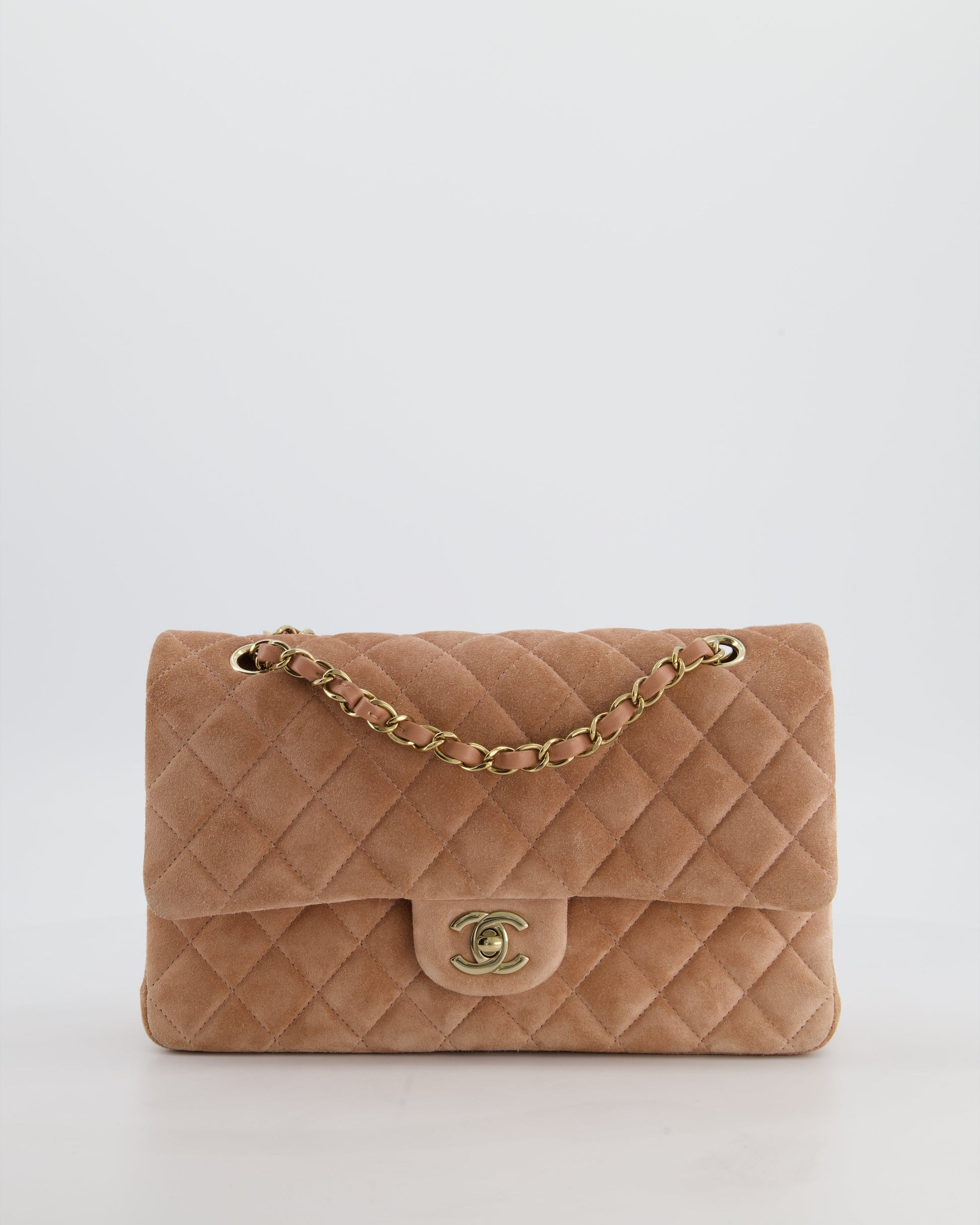 Chanel *super Rare* Caramel Medium Classic Double Flap Bag in Suede Leather with Champagne Gold Hardware
