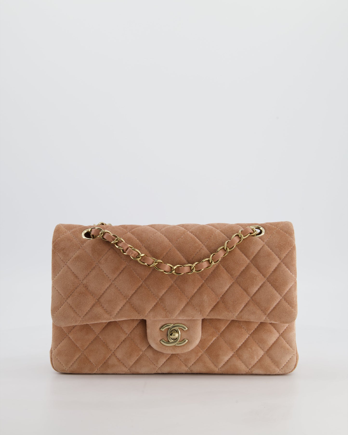 Chanel *Super Rare* Caramel Medium Classic Double Flap Bag In Suede Leather With Champagne Gold Hardware