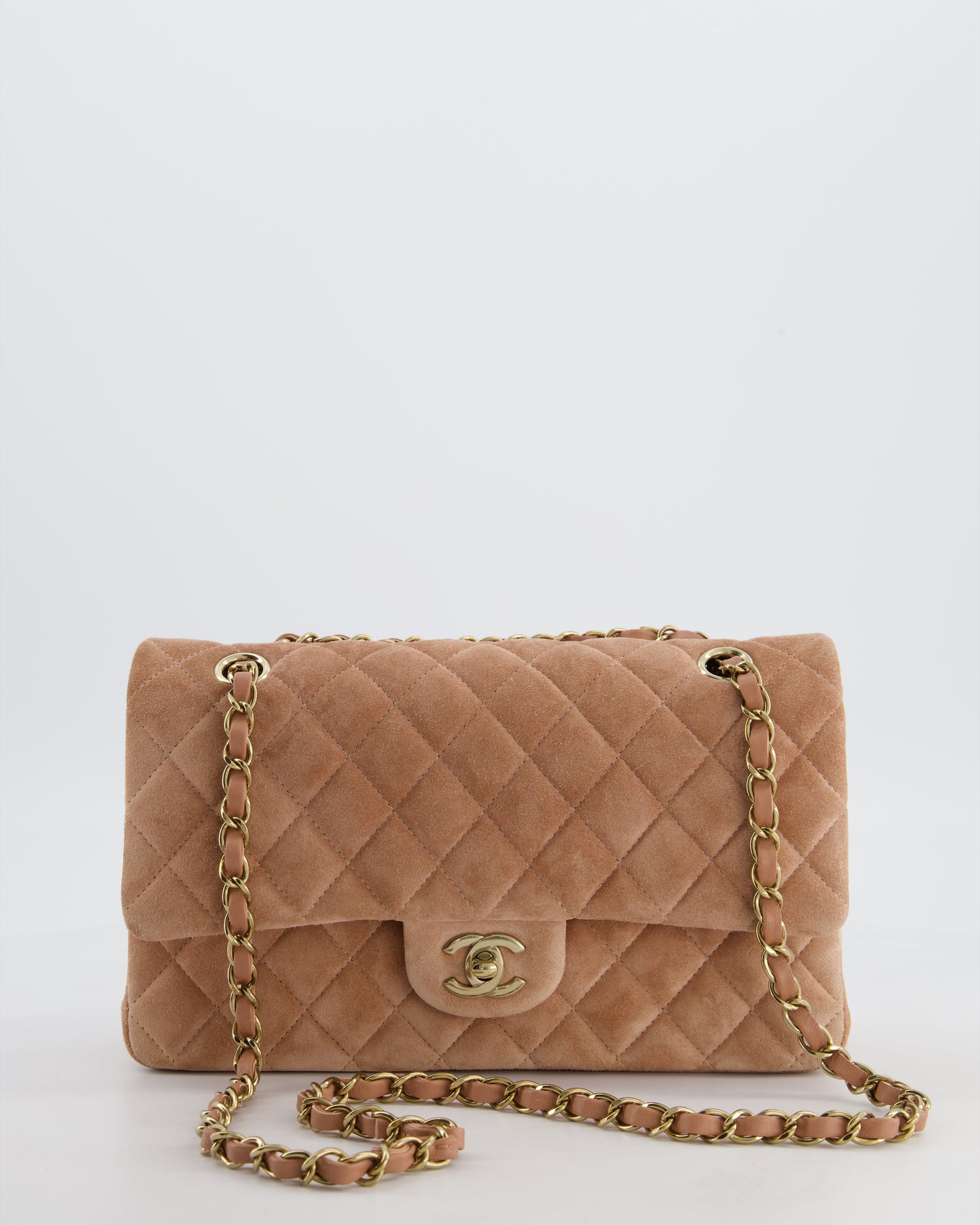 Chanel *Super Rare* Caramel Medium Classic Double Flap Bag In Suede Leather With Champagne Gold Hardware