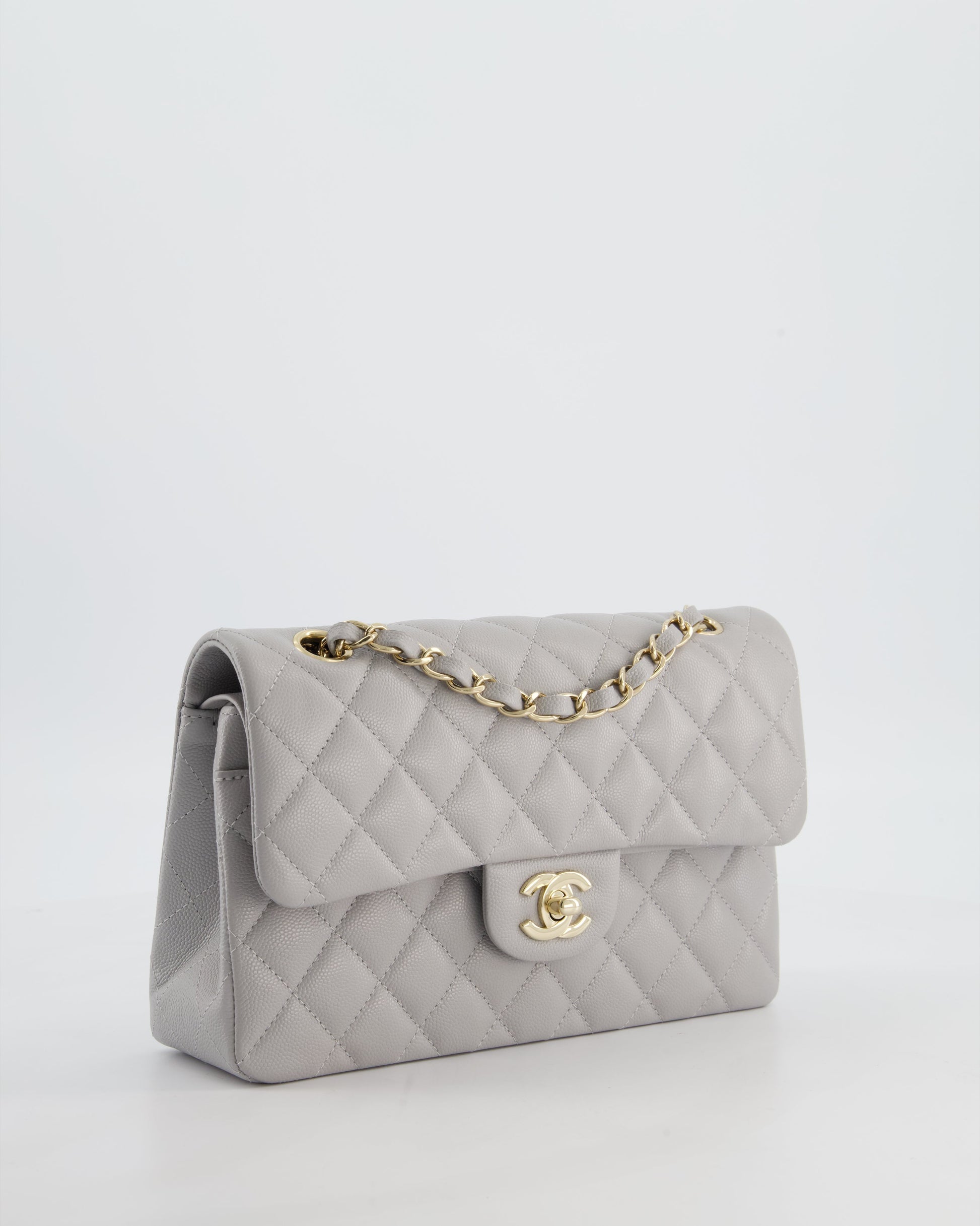 Chanel Dove Grey Small Classic Double Flap Bag In Caviar Leather With Champagne Gold Hardware