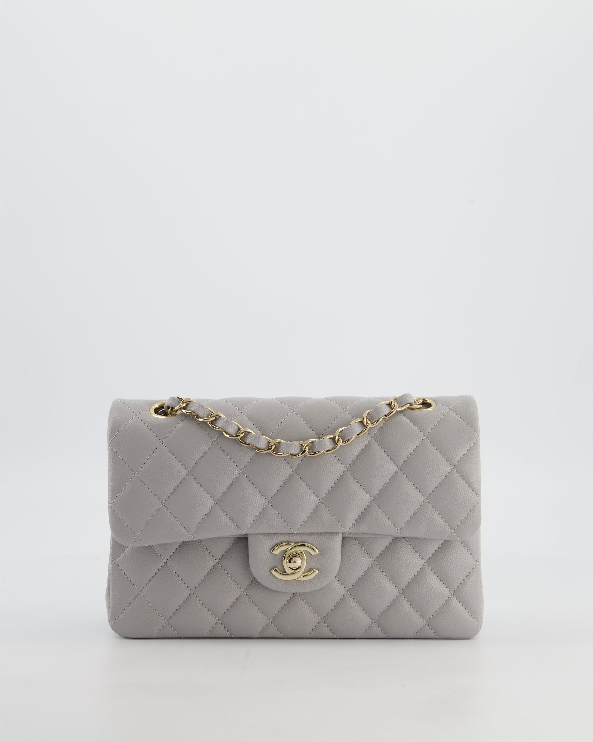 Chanel Dove Grey Small Classic Double Flap Bag In Caviar Leather With Champagne Gold Hardware