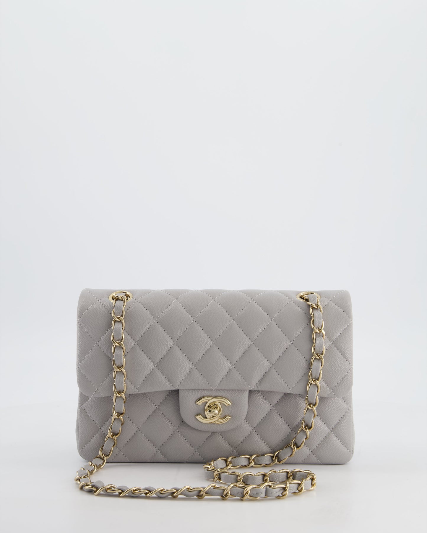 Chanel Dove Grey Small Classic Double Flap Bag In Caviar Leather With Champagne Gold Hardware