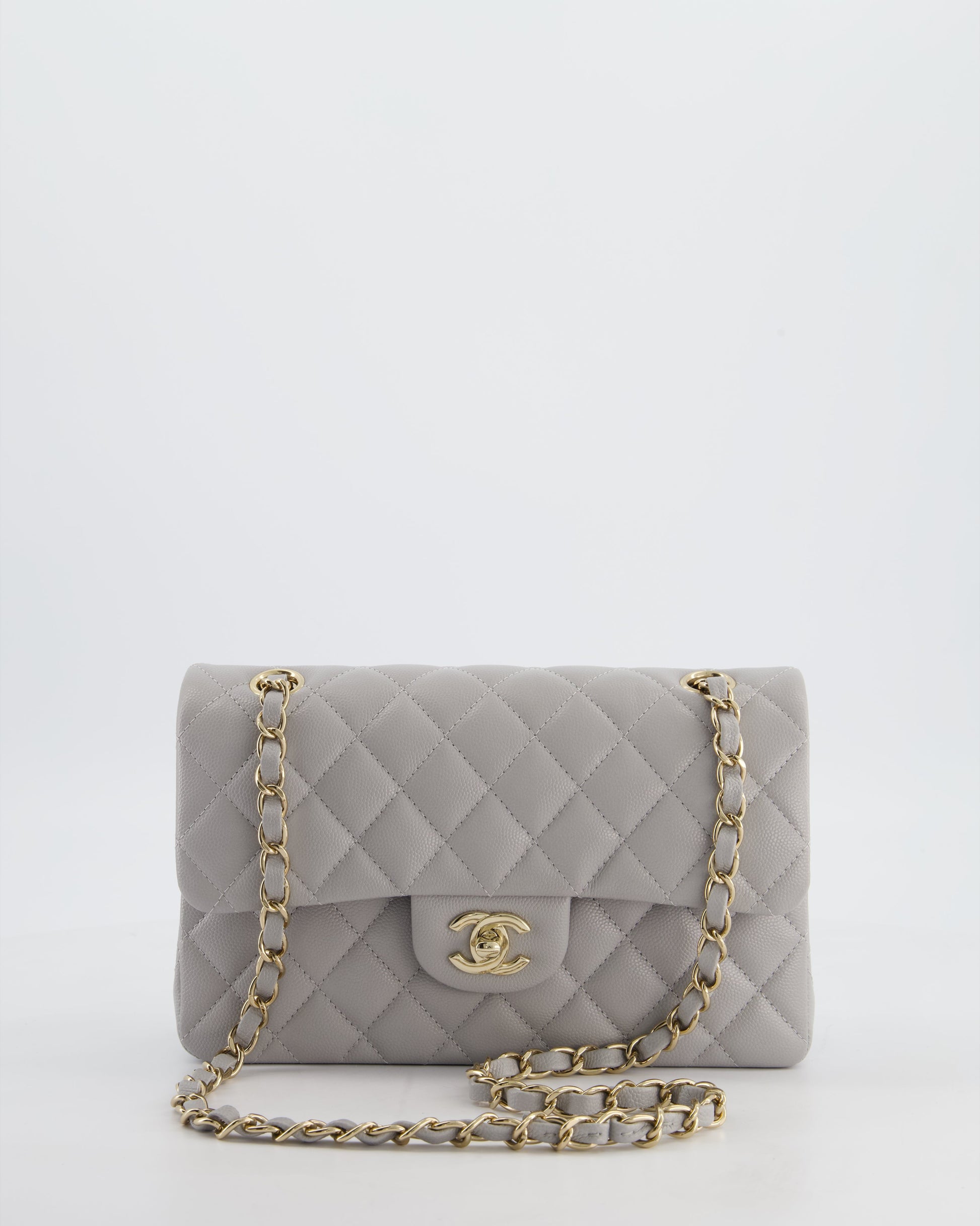 Chanel Dove Grey Small Classic Double Flap Bag In Caviar Leather With Champagne Gold Hardware