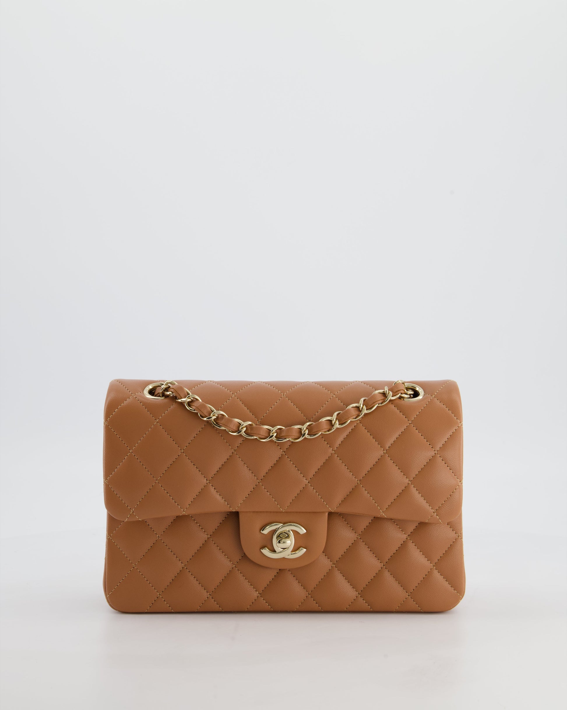 Chanel *Hot* Caramel Small Classic Double Flap Bag In Lambskin Leather With Champagne Gold Hardware