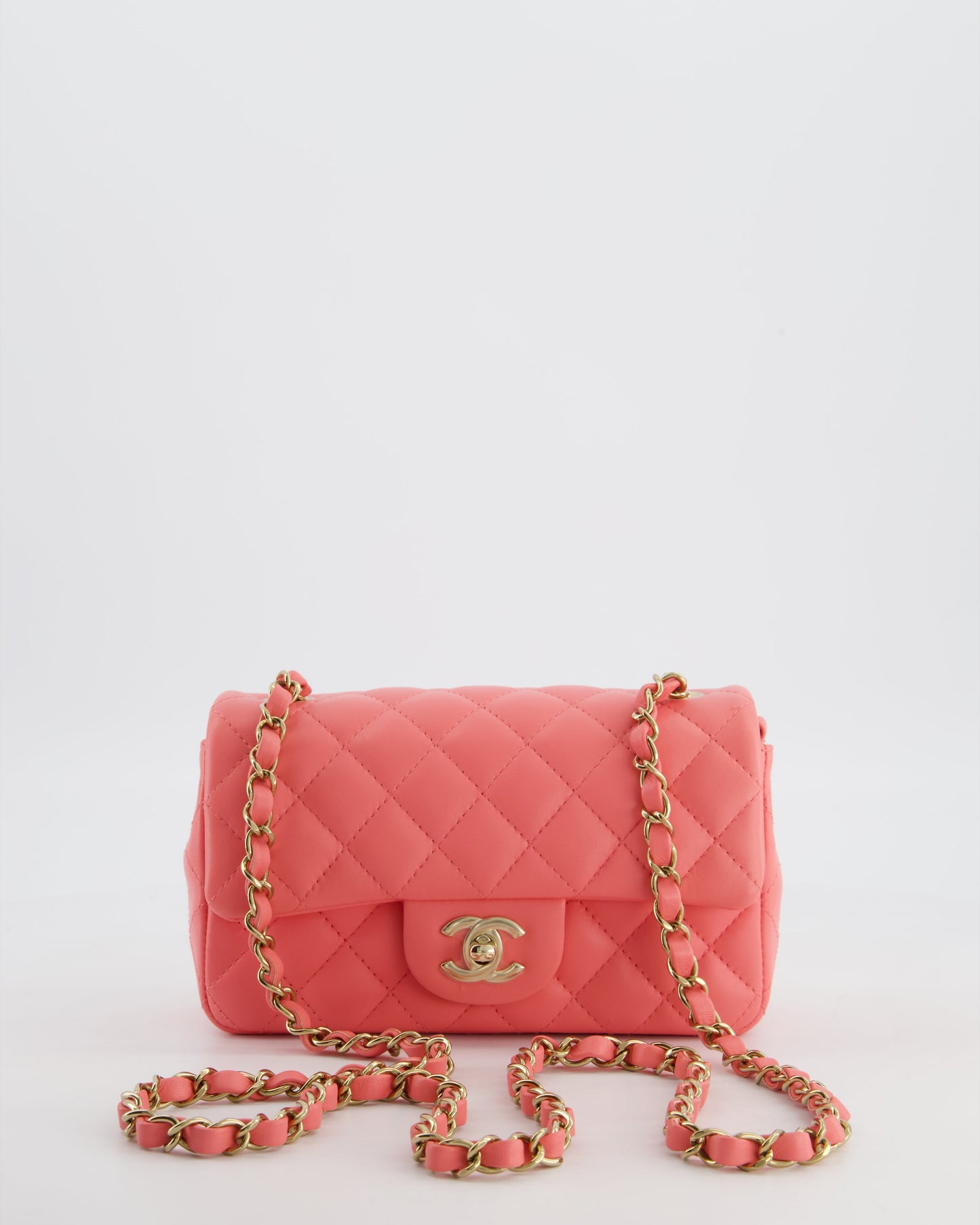 Chanel Classic Mini Rectangular Flap Bag In Hot Pink Lambskin Leather With Champagne Gold Hardware
