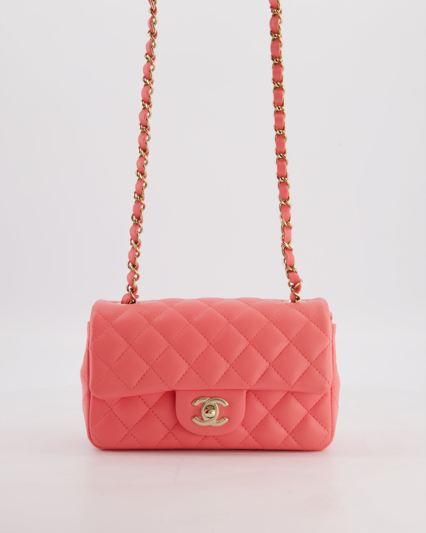 Chanel Classic Mini Rectangular Flap Bag In Hot Pink Lambskin Leather With Champagne Gold Hardware