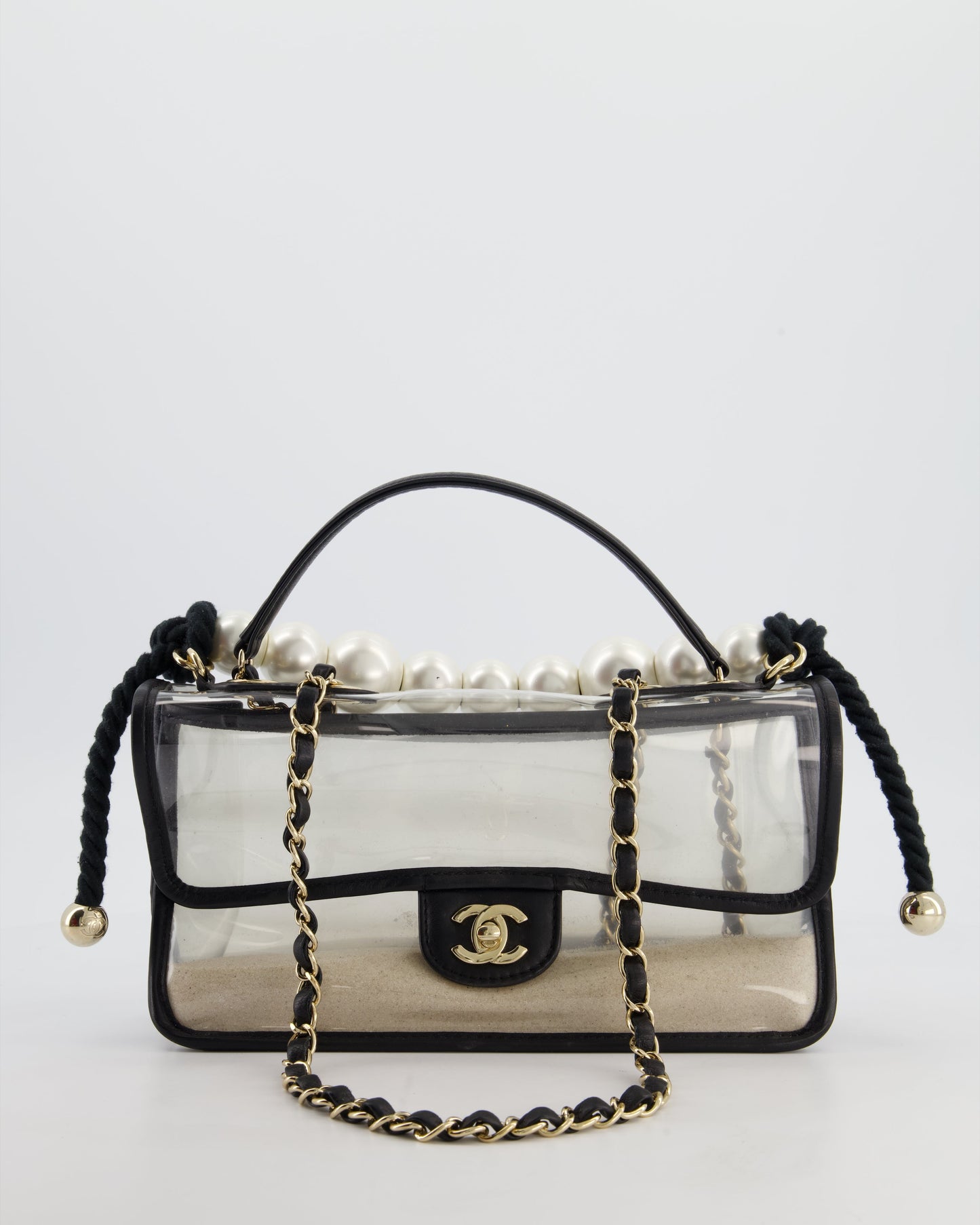 Chanel Black & Pvc Coco Sand Medium Flap Bag With Pearl Strap And Champagne Gold Hardware