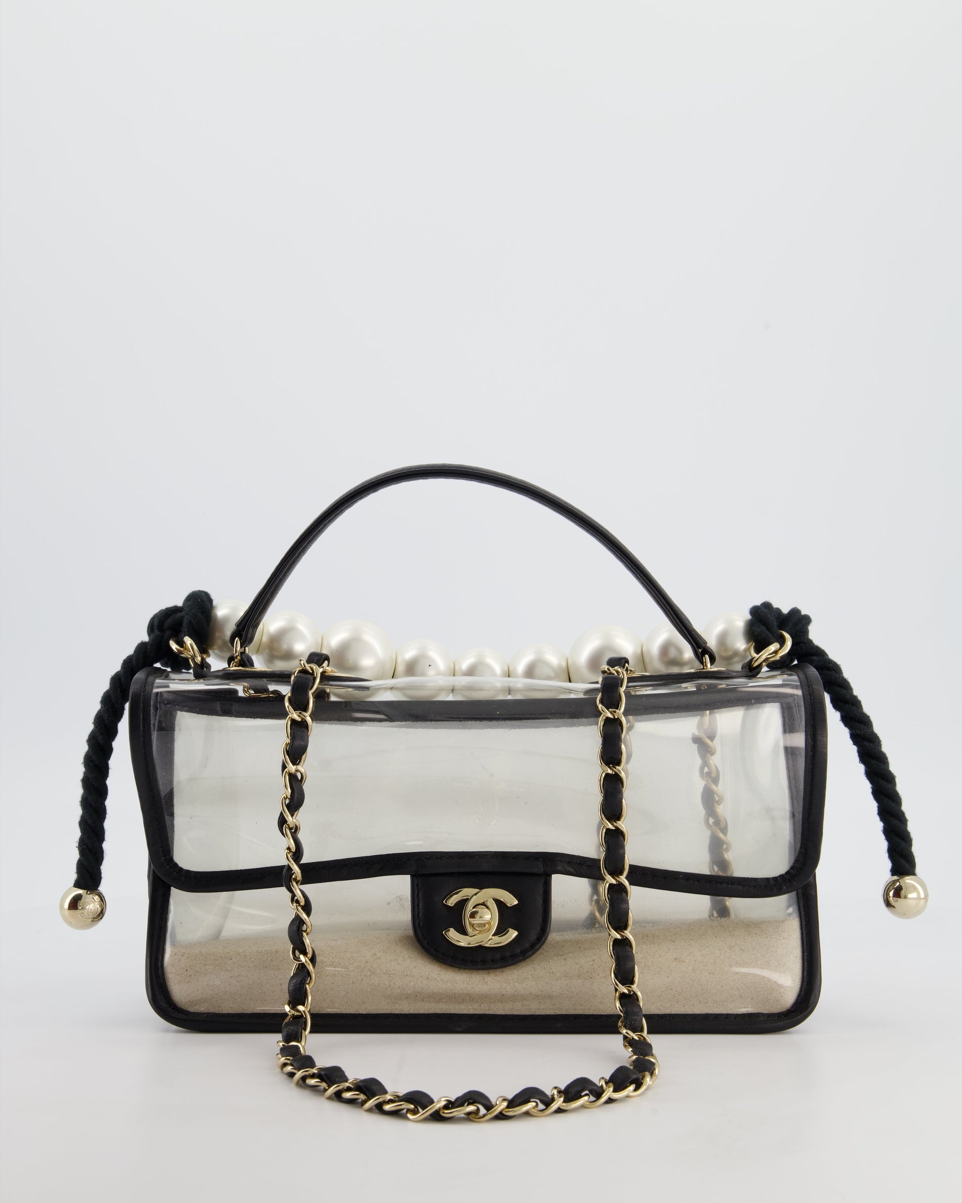 Chanel Black & Pvc Coco Sand Medium Flap Bag with Pearl Strap and Champagne Gold Hardware