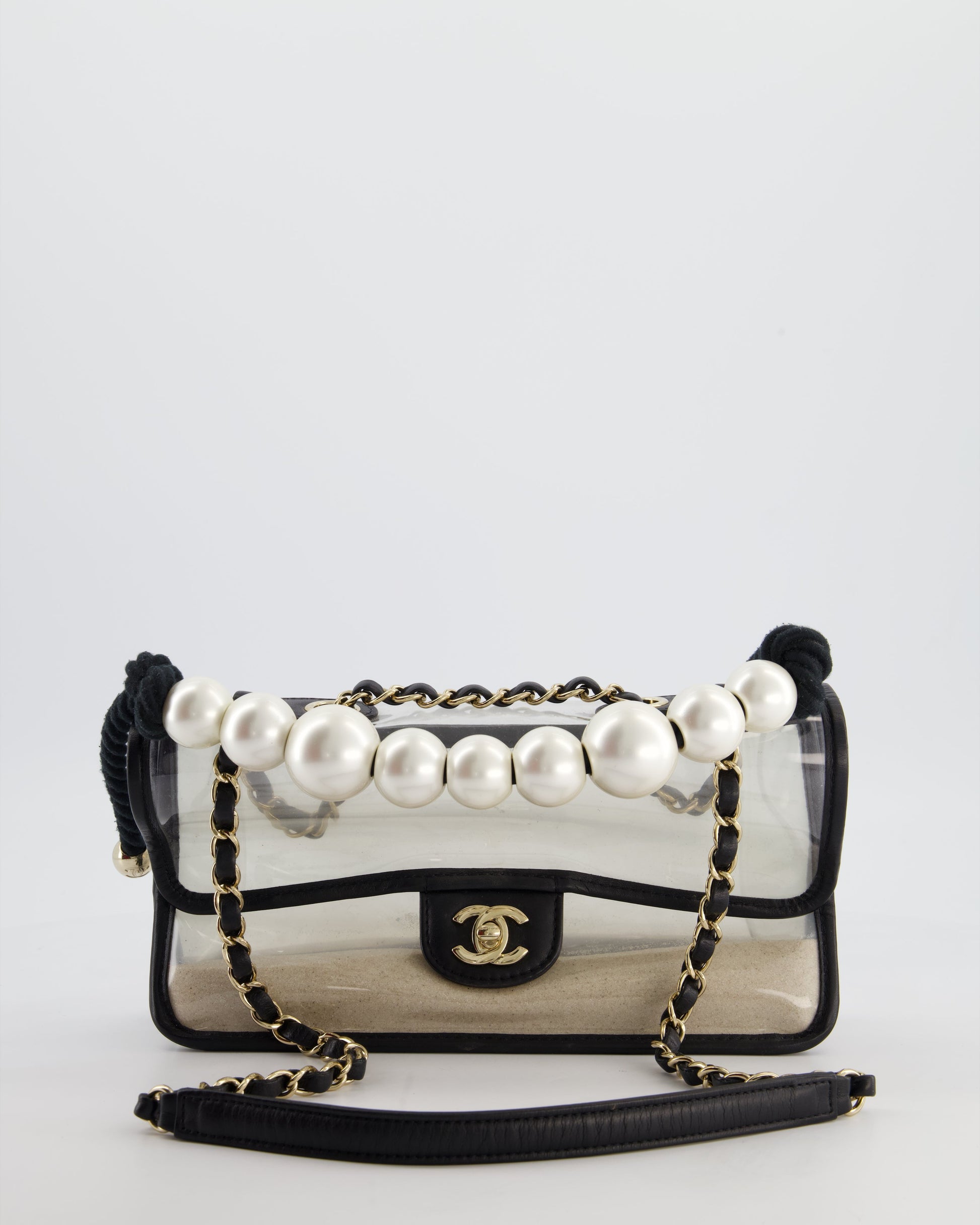 Chanel Black & PVC Coco Sand Medium Flap Bag with Pearl Strap and Champagne Gold Hardware
