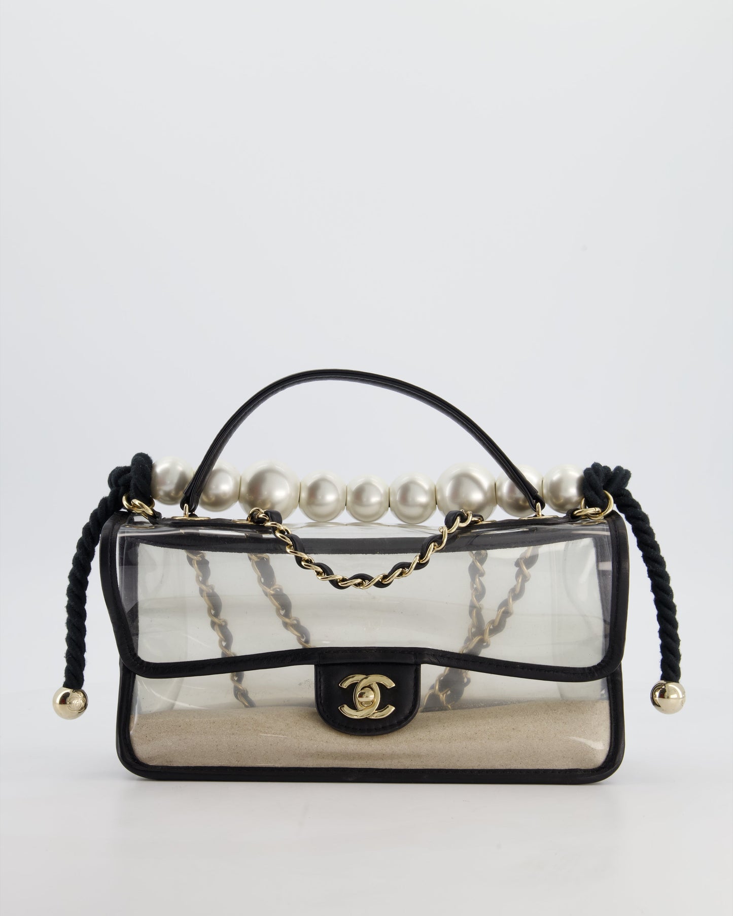 Chanel Black & Pvc Coco Sand Medium Flap Bag with Pearl Strap and Champagne Gold Hardware