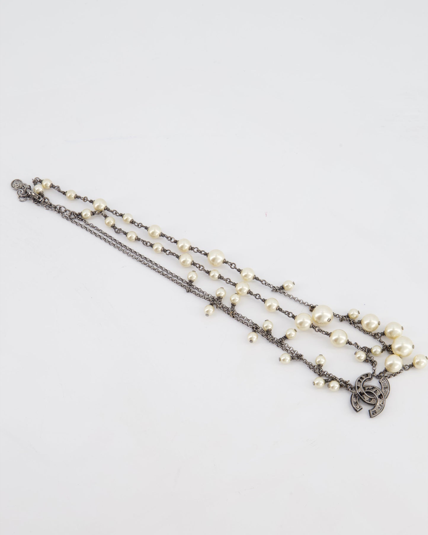 Chanel 10/a Grey Ruthenium Pearl CC Double Chain Necklace