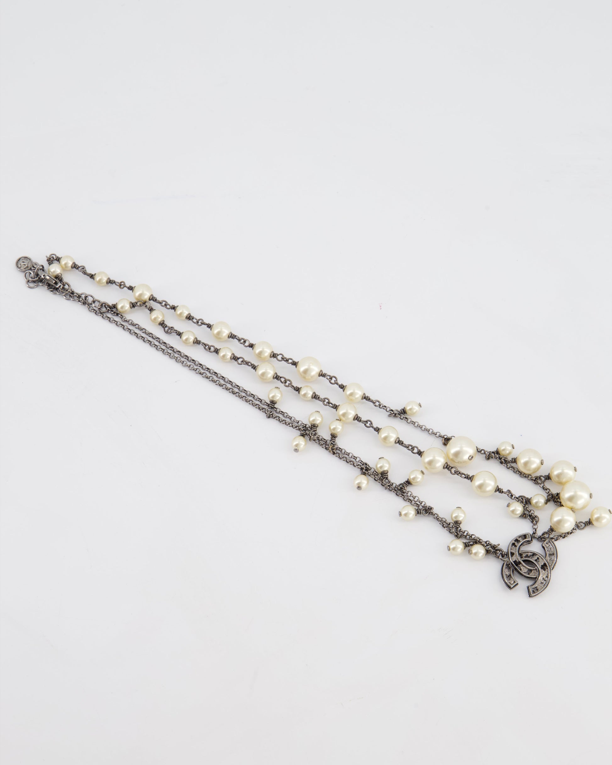 Chanel 10/a Grey Ruthenium Pearl CC Double Chain Necklace