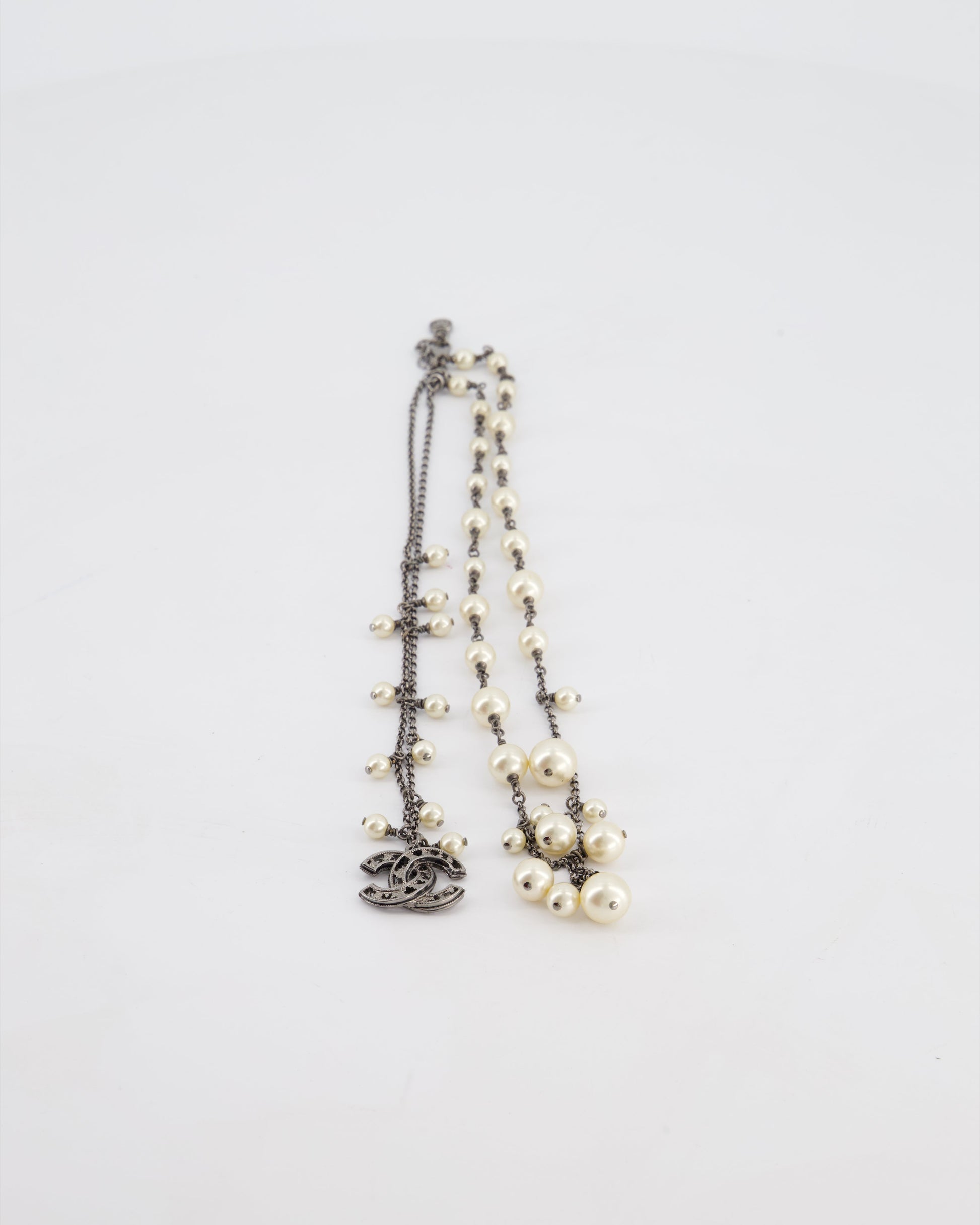 Chanel 10/A Grey Ruthenium Pearl CC Double Chain Necklace