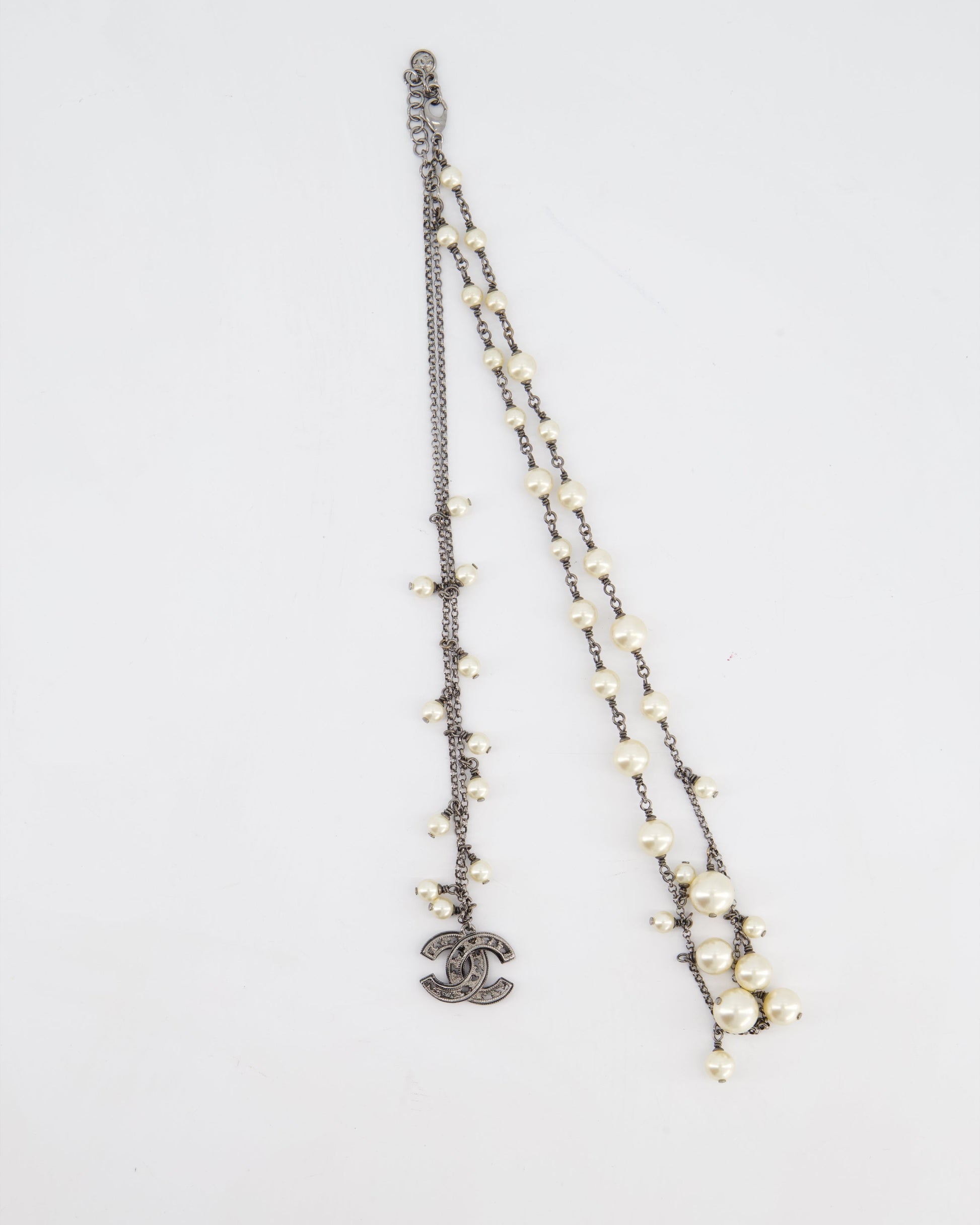 Chanel 10/a Grey Ruthenium Pearl CC Double Chain Necklace
