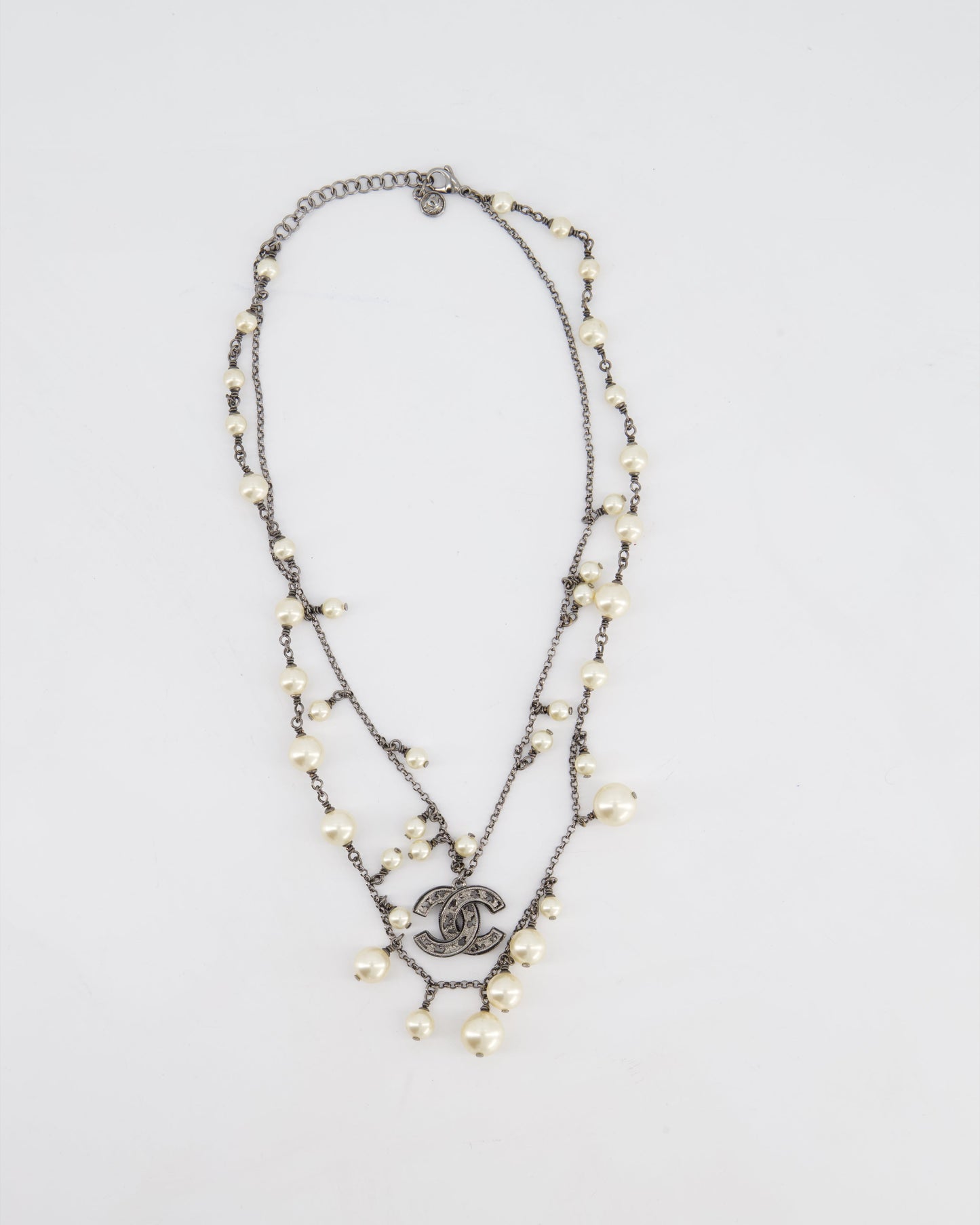 Chanel 10/a Grey Ruthenium Pearl CC Double Chain Necklace